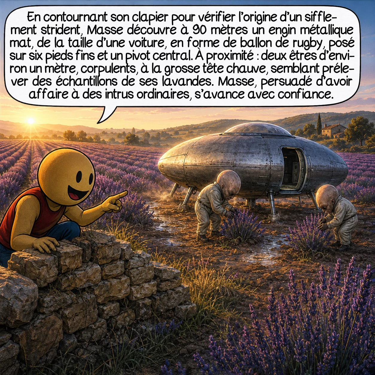 La rencontre de Valensole, case 3 : En contournant son clapier pour vérifier l’origine d’un sifflement strident, Masse découvre à 90 mètres un engin métallique mat — de la taille d’une Renault Dauphine, en forme de ballon de rugby — posé sur six pieds fins et un pivot central. À son bord ou à proximité : deux êtres d’environ un mètre, corpulents, à la grosse tête chauve, semblant prélever des échantillons de ses lavandes. Masse, persuadé d’avoir affaire à des intrus ordinaires, s’avance avec confiance.