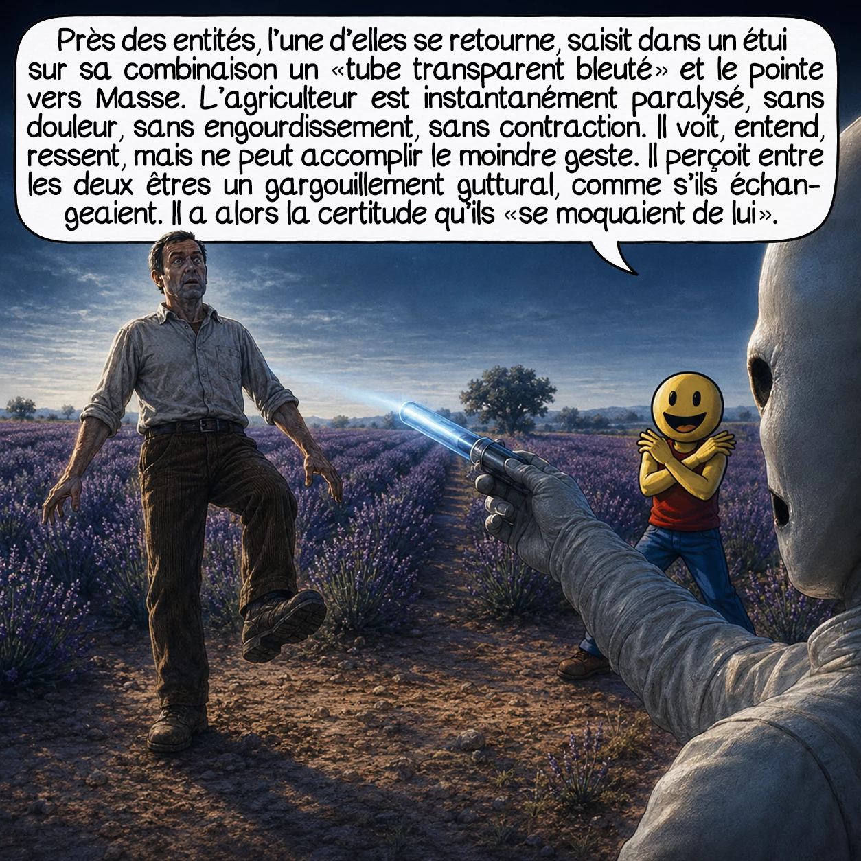 La rencontre de Valensole, case 4 : À sept mètres des entités, l’une d’elles se retourne, saisit dans un étui sur sa combinaison un « tube transparent bleuté » et le pointe vers Masse. L’agriculteur est instantanément paralysé — sans douleur, sans engourdissement, sans contraction. Il voit, entend, ressent, mais ne peut accomplir le moindre geste. Il perçoit entre les deux êtres un gargouillement guttural, comme s’ils échangeaient. Il a la certitude, qu’il exprimera des années plus tard, qu’ils « se moquaient de lui ».