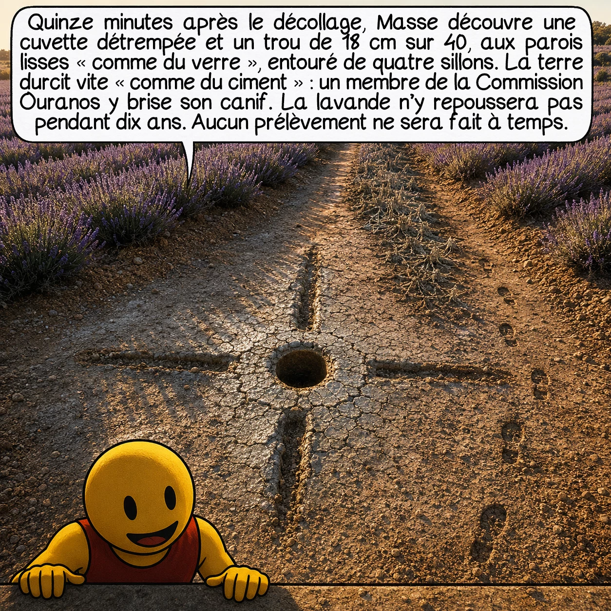 La rencontre de Valensole, case 5 : Quand Masse retrouve ses mouvements — quinze minutes environ après le décollage —, il constate au sol une cuvette détrempée, un trou cylindrique de 18 cm de diamètre et 40 cm de profondeur aux parois lisses « comme du verre », entouré de quatre sillons en croix. En quelques heures, la terre sera dure « comme du ciment » — un membre de la Commission Ouranos y brisera son canif. La lavande ne repoussera pas sur ce site pendant dix ans. Aucun prélèvement scientifique ne sera réalisé à temps.