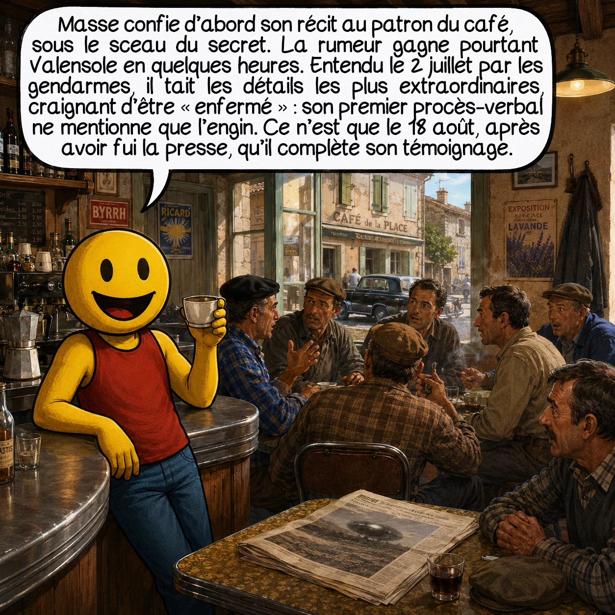 La rencontre de Valensole, case 6 : Masse ne dit d’abord rien à la gendarmerie — il confie son récit au patron du café du village sous promesse de secret. La rumeur enflamme Valensole en quelques heures. Le 2 juillet, les gendarmes l’entendent : il omet volontairement les éléments les plus extraordinaires, par peur d’être « enfermé ». Dans son premier procès-verbal, pas de paralysie, pas d’entités non humaines — juste l’engin. Ce n’est que le 18 août, après s’être réfugié hors du village pour fuir la presse mondiale, qu’il revient compléter son témoignage.