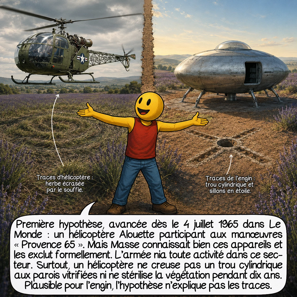 La rencontre de Valensole, case 7 : La première hypothèse, formulée dès le 4 juillet 1965 dans Le Monde : un hélicoptère Alouette II ou III des manœuvres militaires « Provence 65′ en cours dans la région. Mais Masse connaissait parfaitement les hélicoptères — ils atterrissaient régulièrement dans ses champs — et les a formellement exclus. L’armée dément toute activité dans ce secteur précis. Et surtout : un hélicoptère ne creuse pas un trou cylindrique aux parois vitrifiées ni ne stérilise dix ans de végétation. L’hypothèse est plausible pour l’engin, pas pour les traces.