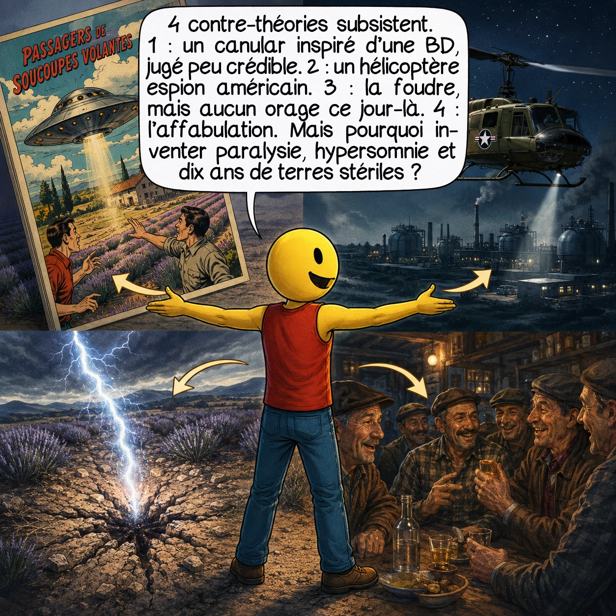 La rencontre de Valensole, case 9 : Quatre contre-théories persistent. Un : canular inspiré de la bande dessinée « Passagers de soucoupes volantes » (1950, republiée 1960, se déroulant en Provence). Jugée improbable par le psychologue Gilles Fernandez : trop peu de similitudes. Deux : hélicoptère de la 6e Flotte américaine en espionnage —, deux semaines plus tard, un avion-espion U.S. est intercepté au-dessus de Pierrelatte. Trois : impact de foudre pour les traces — réfuté par les archives météo : aucun orage ce jour-là. Quatre : affabulation d’un homme sous pression sociale. Mais qui s’invente une paralysie de 15 minutes, une hypersomnie et dix ans de stérilité de ses propres terres ?