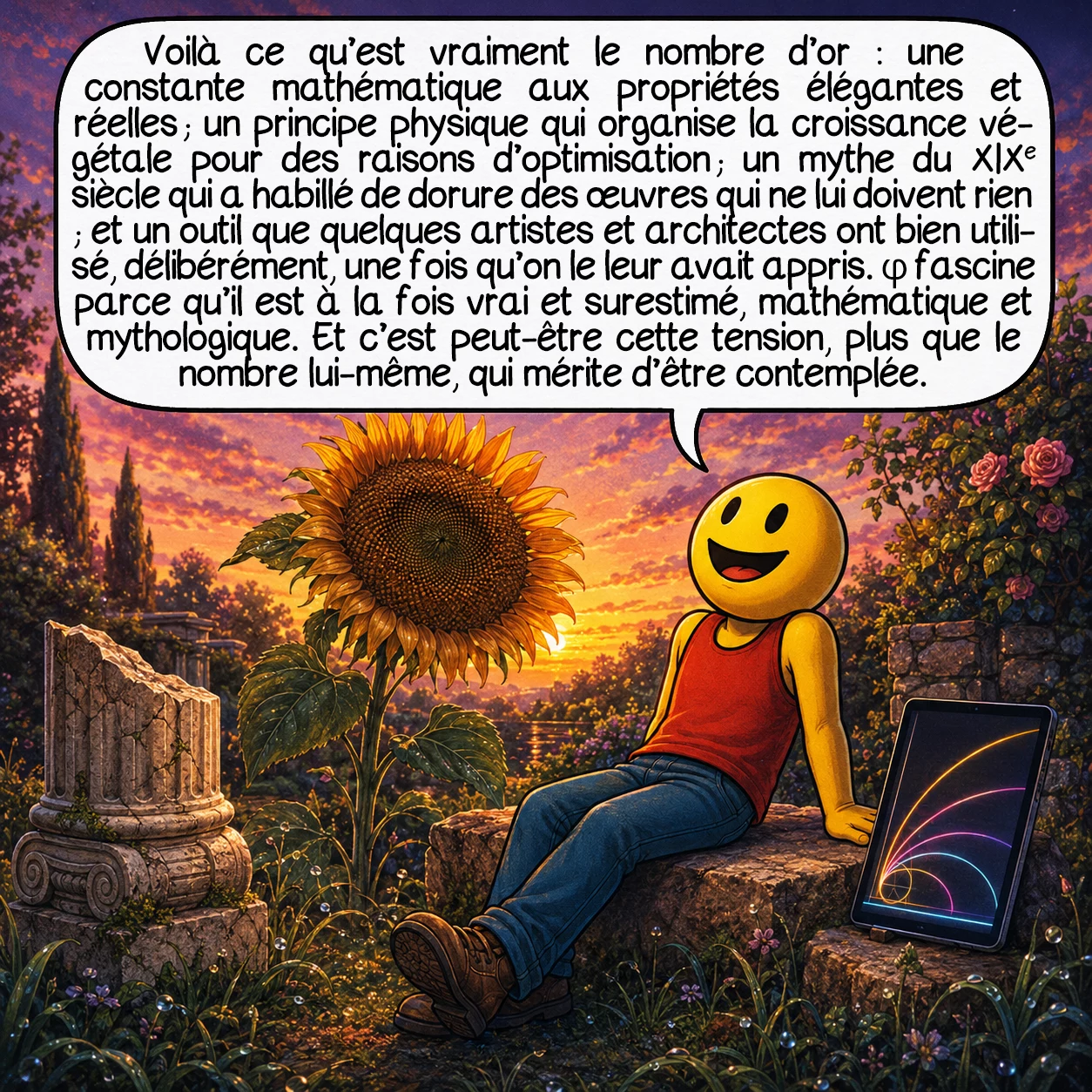 Le nombre d’or, case 10 : Voilà ce qu’est vraiment le nombre d’or : une constante mathématique aux propriétés élégantes et réelles ; un principe physique qui organise la croissance végétale pour des raisons d’optimisation ; un mythe du XIXe siècle qui a habillé de dorure des œuvres qui ne lui doivent rien ; et un outil que quelques artistes et architectes ont bien utilisé, délibérément, une fois qu’on le leur avait appris. φ fascine parce qu’il est à la fois vrai et surestimé, mathématique et mythologique. Et c’est peut-être cette tension, plus que le nombre lui-même, qui mérite d’être contemplée.