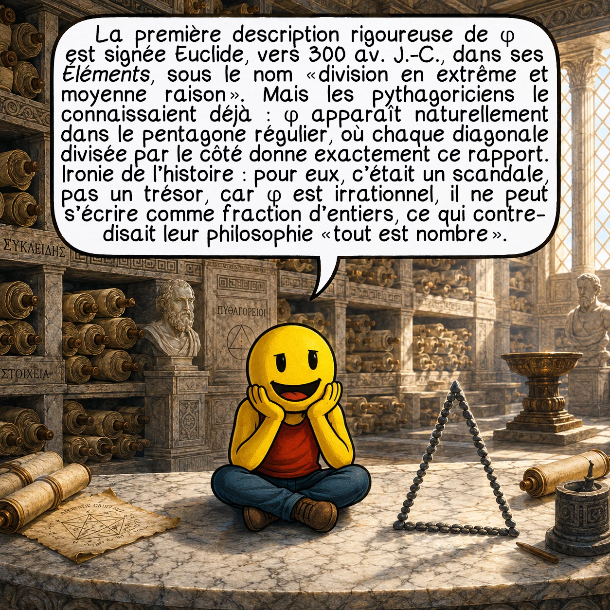 Le nombre d’or, case 2 : La première description rigoureuse de φ est signée Euclide, vers 300 av. J.-C., dans ses Éléments — sous le nom « division en extrême et moyenne raison ». Mais les pythagoriciens le connaissaient déjà : φ apparaît naturellement dans le pentagone régulier, où chaque diagonale divisée par le côté donne exactement ce rapport. Ironie de l’histoire : pour eux, c’était un scandale, pas un trésor — car φ est irrationnel, il ne peut s’écrire comme fraction d’entiers, ce qui contredisait leur philosophie « tout est nombre ».