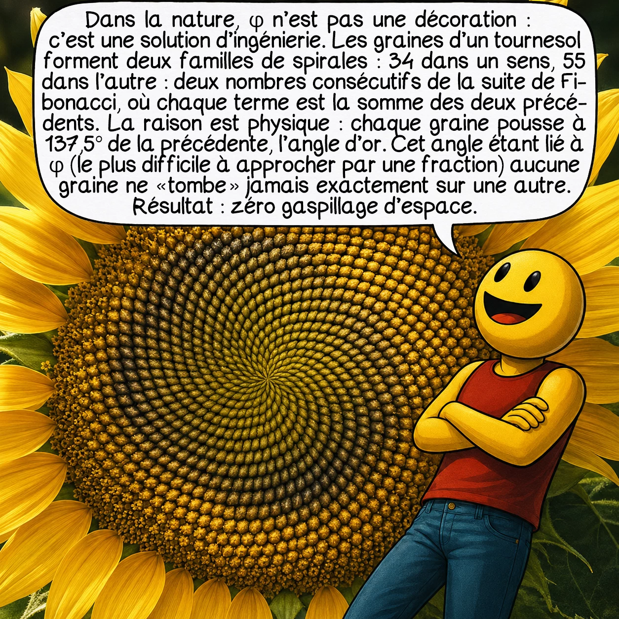 Le nombre d’or, case 3 : Dans la nature, φ n’est pas une décoration — c’est une solution d’ingénierie. Les graines d’un tournesol forment deux familles de spirales : 34 dans un sens, 55 dans l’autre — deux nombres consécutifs de la suite de Fibonacci (où chaque terme est la somme des deux précédents). La raison est physique : chaque graine pousse à 137,5° de la précédente, l’angle d’or. Cet angle étant lié à φ — le plus difficile à approcher par une fraction — aucune graine ne « tombe » jamais exactement sur une autre. Résultat : zéro gaspillage d’espace.