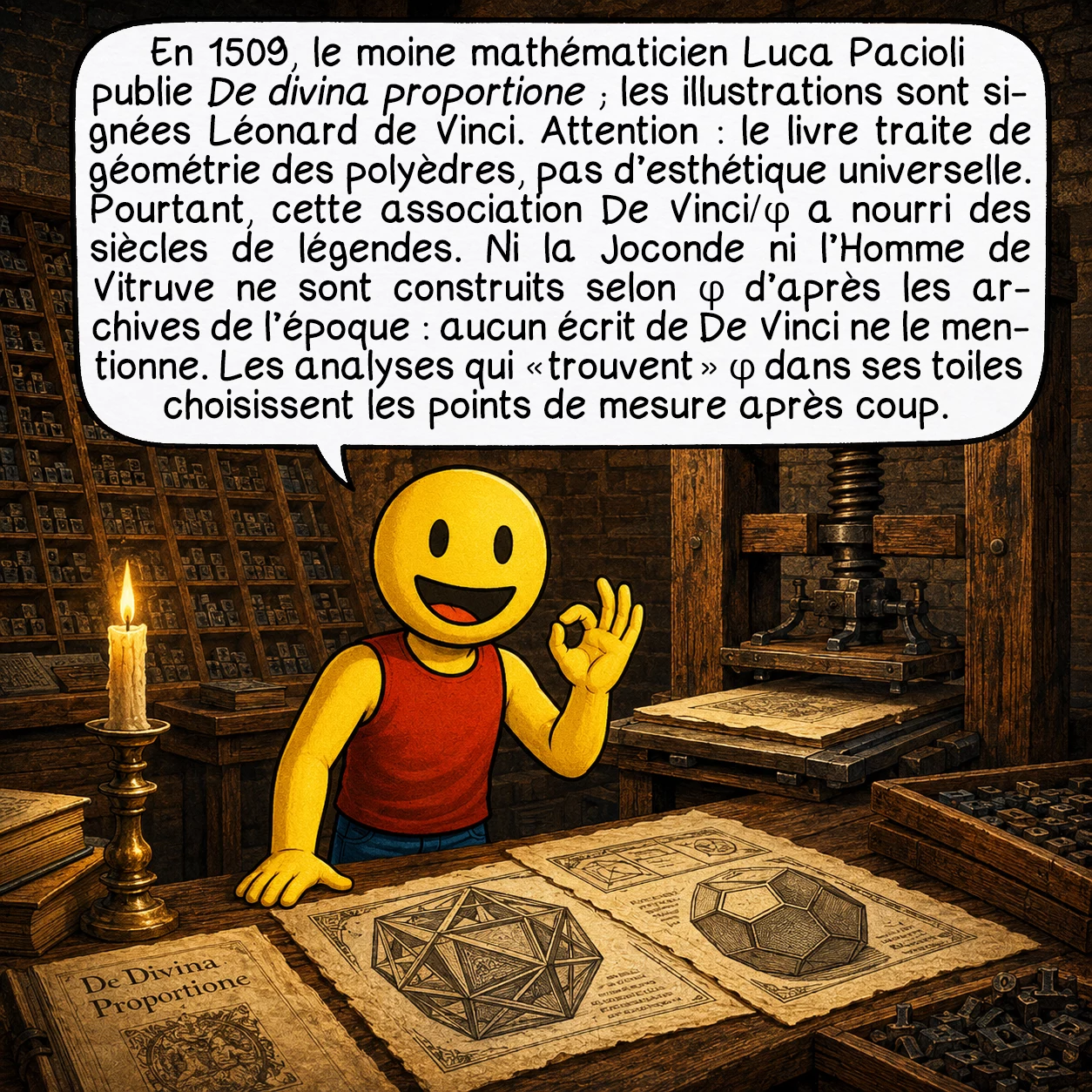 Le nombre d’or, case 4 : En 1509, le moine mathématicien Luca Pacioli publie De Divina Proportione — les illustrations sont signées Léonard de Vinci. Attention : le livre traite de géométrie des polyèdres, pas d’esthétique universelle. Pourtant, cette association De Vinci–φ a nourri des siècles de légendes. Ni la Joconde ni l’Homme de Vitruve ne sont construits selon φ d’après les archives de l’époque — aucun écrit de De Vinci ne le mentionne. Les analyses qui « trouvent » φ dans ses toiles choisissent les points de mesure après coup.