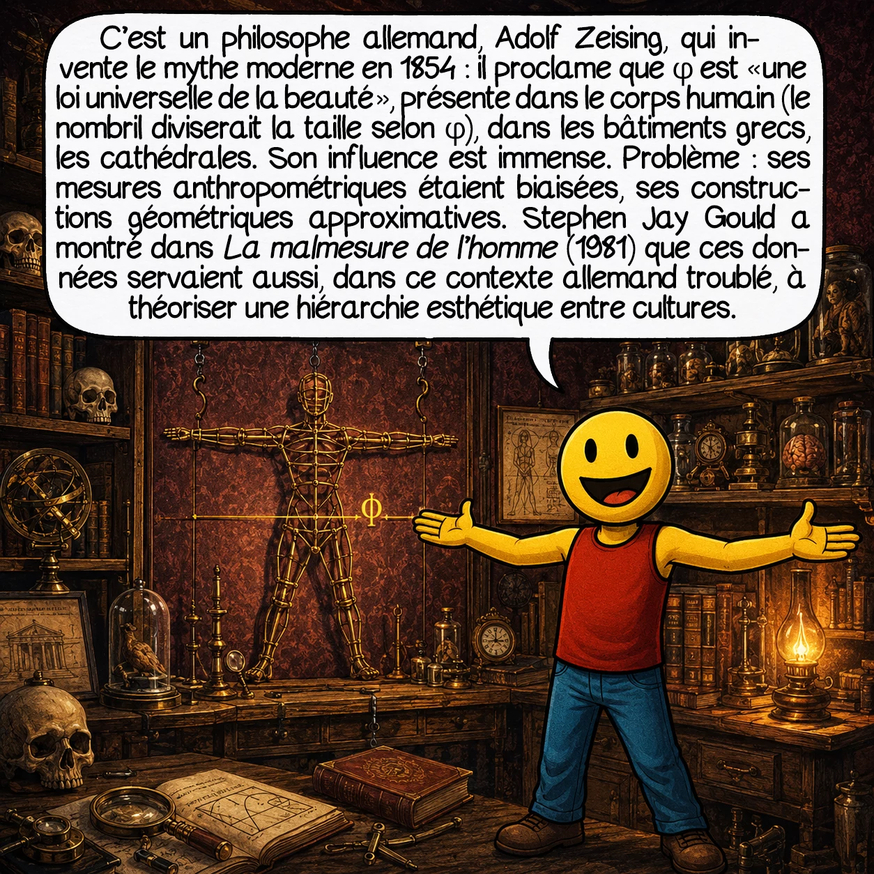 Le nombre d’or, case 5 : C’est un philosophe allemand, Adolf Zeising, qui invente le mythe moderne en 1854 : il proclame que φ est « une loi universelle de la beauté », présente dans le corps humain (le nombril diviserait la taille selon φ), dans les bâtiments grecs, les cathédrales. Son influence est immense. Problème : ses mesures anthropométriques étaient biaisées, ses constructions géométriques approximatives. Stephen Jay Gould a montré dans La Malmesure de l’homme (1981) que ces données servaient aussi, dans un contexte allemand troublé, à théoriser une hiérarchie esthétique entre cultures.