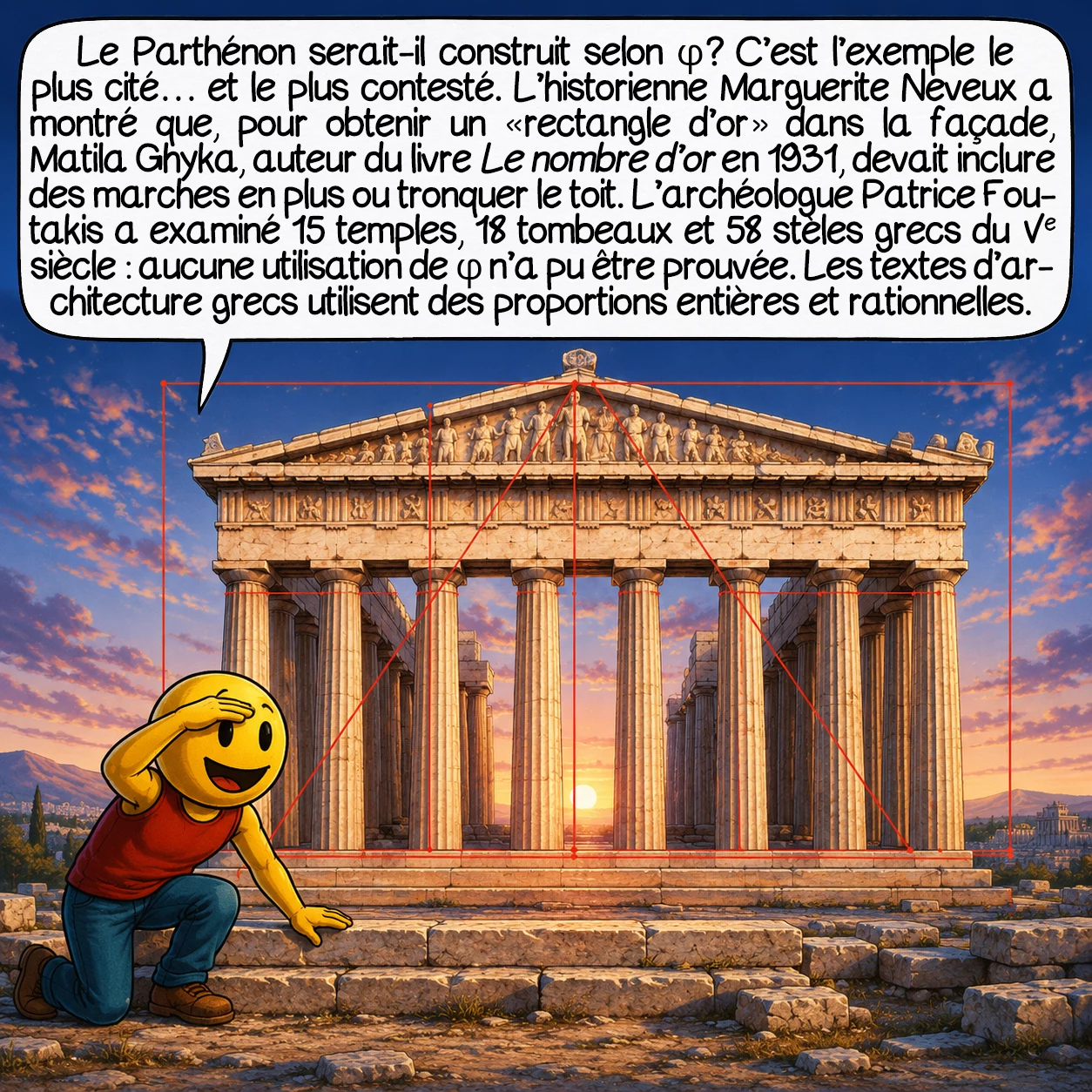 Le nombre d’or, case 6 : Le Parthénon serait-il construit selon φ ? C’est l’exemple le plus cité — et le plus contesté. L’historienne d’art Marguerite Neveux a montré que, pour obtenir un « rectangle d’or » dans la façade, Matila Ghyka (prince roumain auteur du livre Le Nombre d’Or en 1931) devait inclure des marches supplémentaires ou tronquer le toit. L’archéologue Patrice Foutakis a examiné 15 temples, 18 tombeaux et 58 stèles grecs du Ve siècle : aucune utilisation délibérée de φ n’a pu être prouvée. Les textes d’architecture grecs utilisent des proportions entières et rationnelles.