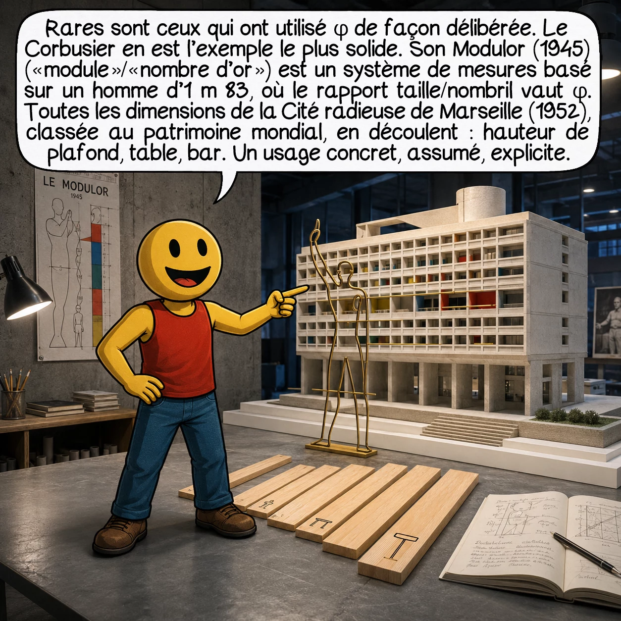Le nombre d’or, case 7 : Rares sont ceux qui ont utilisé φ de façon délibérée et documentée. Le Corbusier en est l’exemple le plus solide. Son Modulor (1945) — contraction de « module » et « nombre d’or » — est un système de mesures basé sur un homme de 1,83 m (six pieds), où le rapport taille/nombril vaut 1,619. Toutes les dimensions de la Cité radieuse de Marseille (1952), classée au patrimoine mondial, en découlent : hauteur de plafond 2,26 m, table à 0,70 m, bar à 1,13 m. Un usage concret, assumé, explicite.