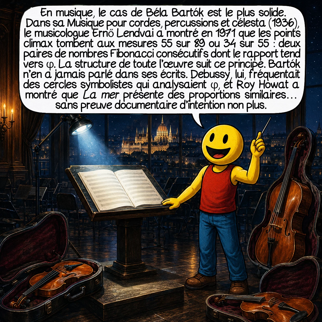 Le nombre d’or, case 8 : En musique, le cas de Béla Bartók est le plus solide. Dans sa Musique pour cordes, percussions et célesta (1936), le musicologue Ernő Lendvai a montré en 1971 que les points climax tombent aux mesures 55 sur 89 ou 34 sur 55 — deux paires de nombres Fibonacci consécutifs dont le rapport tend vers φ. La structure de toute l’œuvre suit ce principe. Bartók n’en a jamais parlé dans ses écrits. Debussy, lui, fréquentait des cercles symbolistes qui analysaient φ, et Roy Howat a montré que La Mer présente des proportions similaires — sans preuve documentaire d’intention non plus.