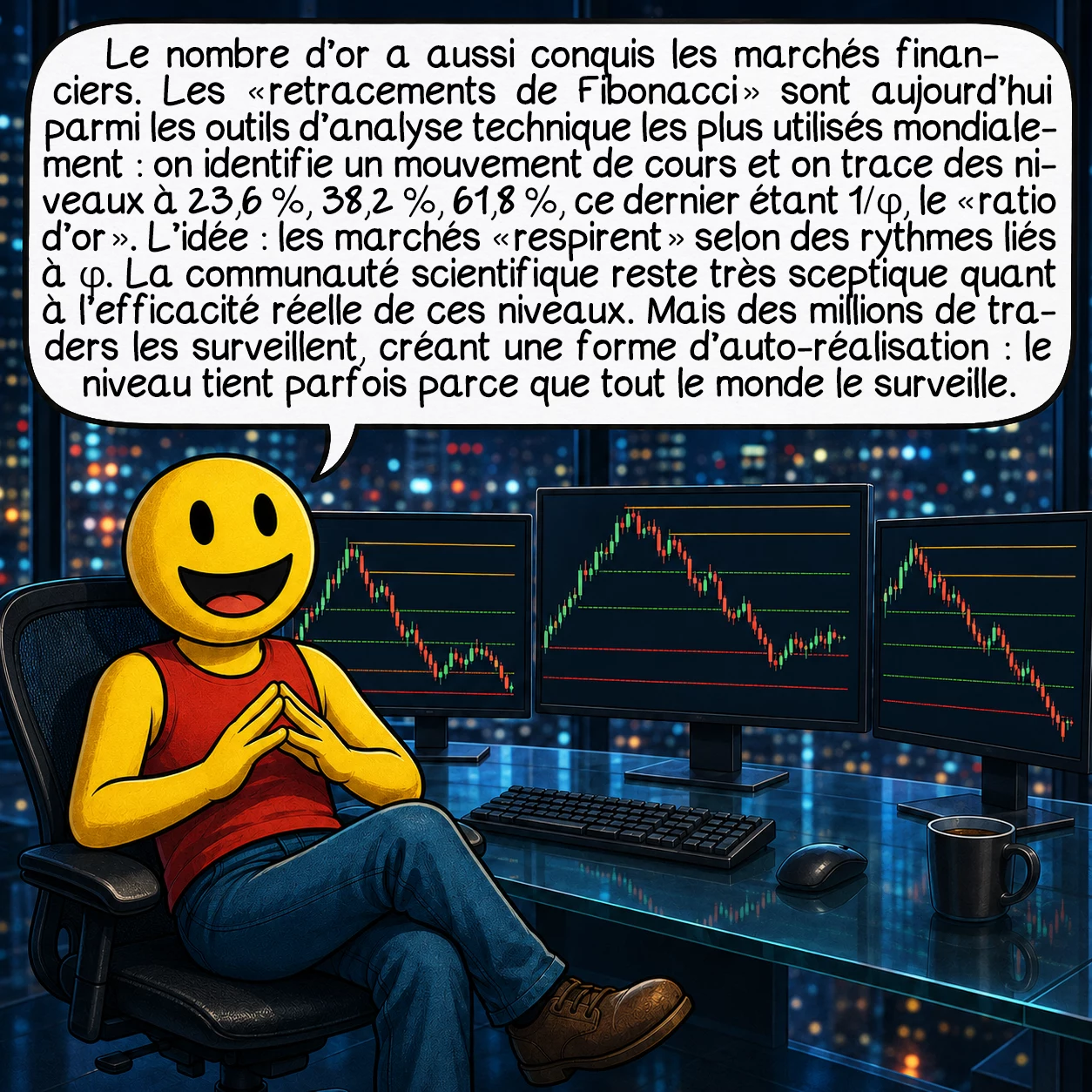 Le nombre d’or, case 9 : Le nombre d’or a aussi conquis les marchés financiers. Les « retracements de Fibonacci » sont aujourd’hui parmi les outils d’analyse technique les plus utilisés mondialement : on identifie un mouvement de cours et on trace des niveaux à 23,6 %, 38,2 %, 61,8 % — ce dernier étant 1/φ, le « ratio d’or ». L’idée : les marchés « respirent » selon des rythmes liés à φ. La communauté scientifique reste très sceptique quant à l’efficacité réelle de ces niveaux. Mais des millions de traders les surveillent, créant une forme d’auto-réalisation : le niveau tient parfois parce que tout le monde le surveille.