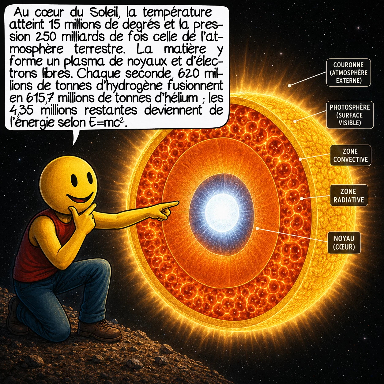Le Soleil, case 2 : Au cœur du Soleil règnent 15 millions de degrés et une pression 250 milliards de fois supérieure à l’atmosphère terrestre. La matière n’y est ni solide, ni liquide, ni gaz : c’est un plasma, un mélange de noyaux atomiques nus et d’électrons libres. C’est là que la magie se produit : chaque seconde, 620 millions de tonnes d’hydrogène fusionnent pour donner 615,7 millions de tonnes d’hélium. La différence de masse — 4,35 millions de tonnes — se transforme en pure énergie, selon E=mc².