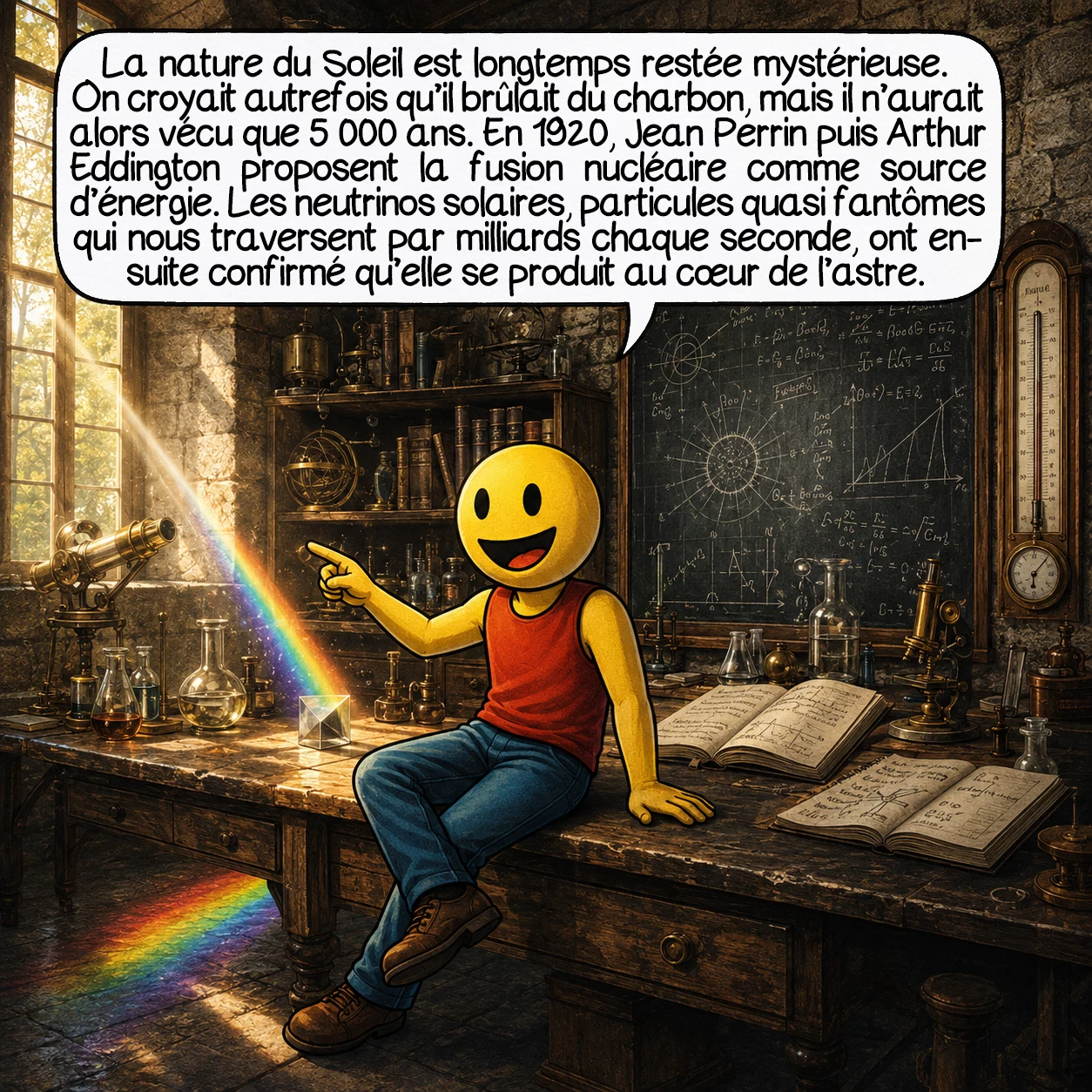 Le Soleil, case 3 : La nature du Soleil a longtemps été un mystère. On a longtemps cru qu’il brûlait du charbon — mais à ce rythme, il n’aurait duré que 5 000 ans. C’est Jean Perrin, puis Arthur Eddington, qui proposent en 1920 la fusion nucléaire comme source d’énergie. Et c’est seulement grâce aux neutrinos solaires — des particules quasi fantômes qui nous traversent par milliards chaque seconde — que l’on a pu confirmer que la fusion se produit bien au cœur de l’astre.