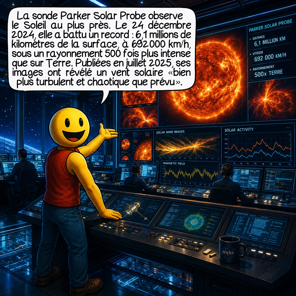 Le Soleil, case 5 : Aujourd’hui, la sonde Parker Solar Probe surveille le Soleil depuis près de lui. Le 24 décembre 2024, elle a établi un record historique absolu : 6,1 millions de km de la surface solaire, à 692 000 km/h, sous un rayonnement 500 fois plus intense qu’à la surface terrestre. Ses images du vent solaire, publiées en juillet 2025, ont révélé une structure « bien plus turbulente et chaotique que prévu ». La NASA parle d’un moment attendu depuis les années 1950.