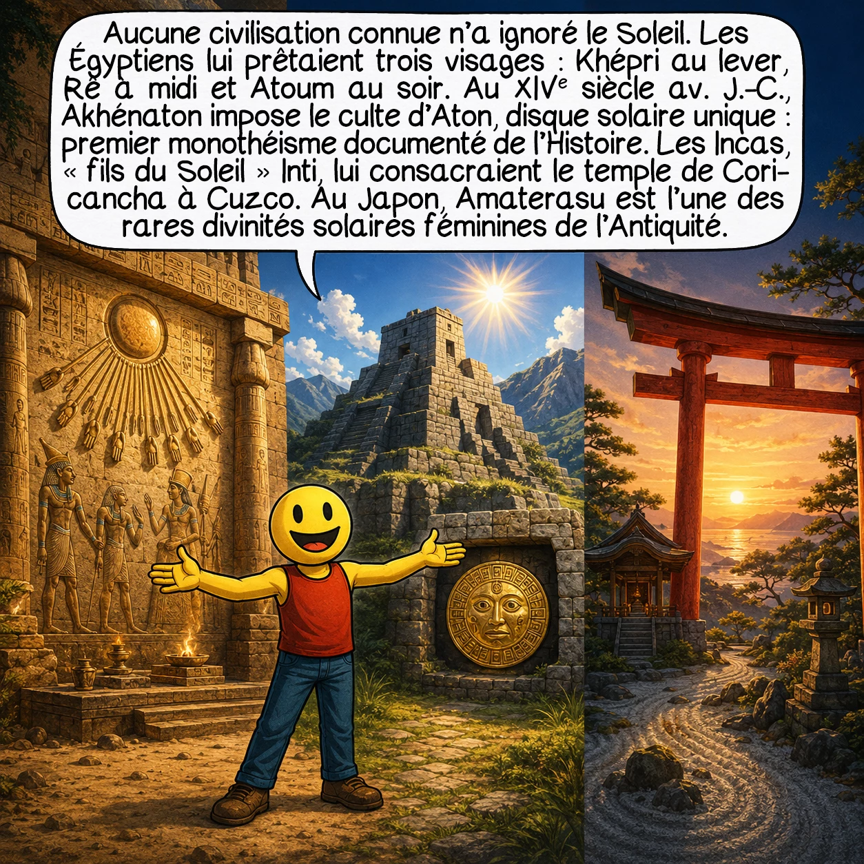 Le Soleil, case 7 : Aucune civilisation connue n’a ignoré le Soleil. Les Égyptiens lui donnent trois visages selon sa course : Khépri au lever (le scarabée), Rê à midi, Atoum au soir. Au XIVe siècle av. J.-C., le pharaon Akhénaton impose le culte d’Aton, disque solaire unique — premier monothéisme documenté de l’Histoire. Les Incas se désignaient « fils du Soleil » Inti et lui consacraient le temple de Coricancha à Cuzco. En Asie, Amaterasu — déesse solaire japonaise — est l’une des rares divinités solaires féminines de l’Antiquité.