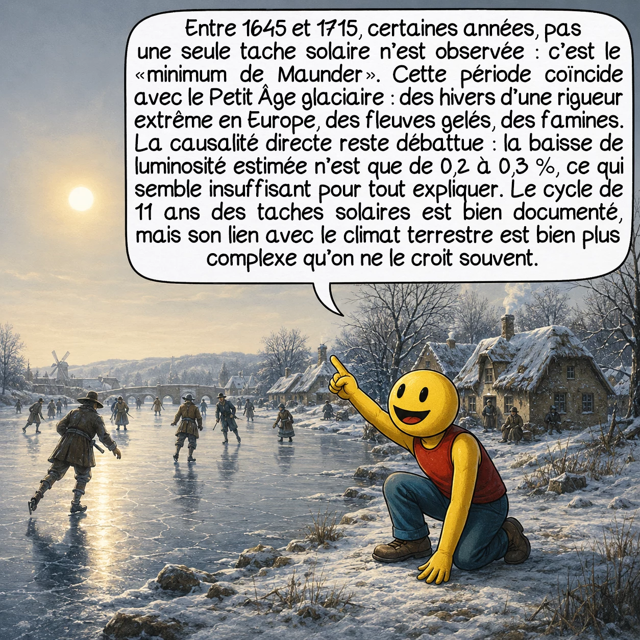 Le Soleil, case 8 : Entre 1645 et 1715, certaines années, pas une seule tache solaire n’est observée : c’est le « minimum de Maunder ». Cette période coïncide avec le Petit Âge glaciaire — des hivers d’une rigueur extrême en Europe, des fleuves gelés, des famines. La causalité directe reste débattue : la baisse de luminosité estimée n’est que de 0,2 à 0,3 %, ce qui semble insuffisant pour tout expliquer. Le cycle de 11 ans des taches solaires existe aussi bien documenté, mais son lien avec le climat terrestre est bien plus complexe qu’on ne le croit souvent.