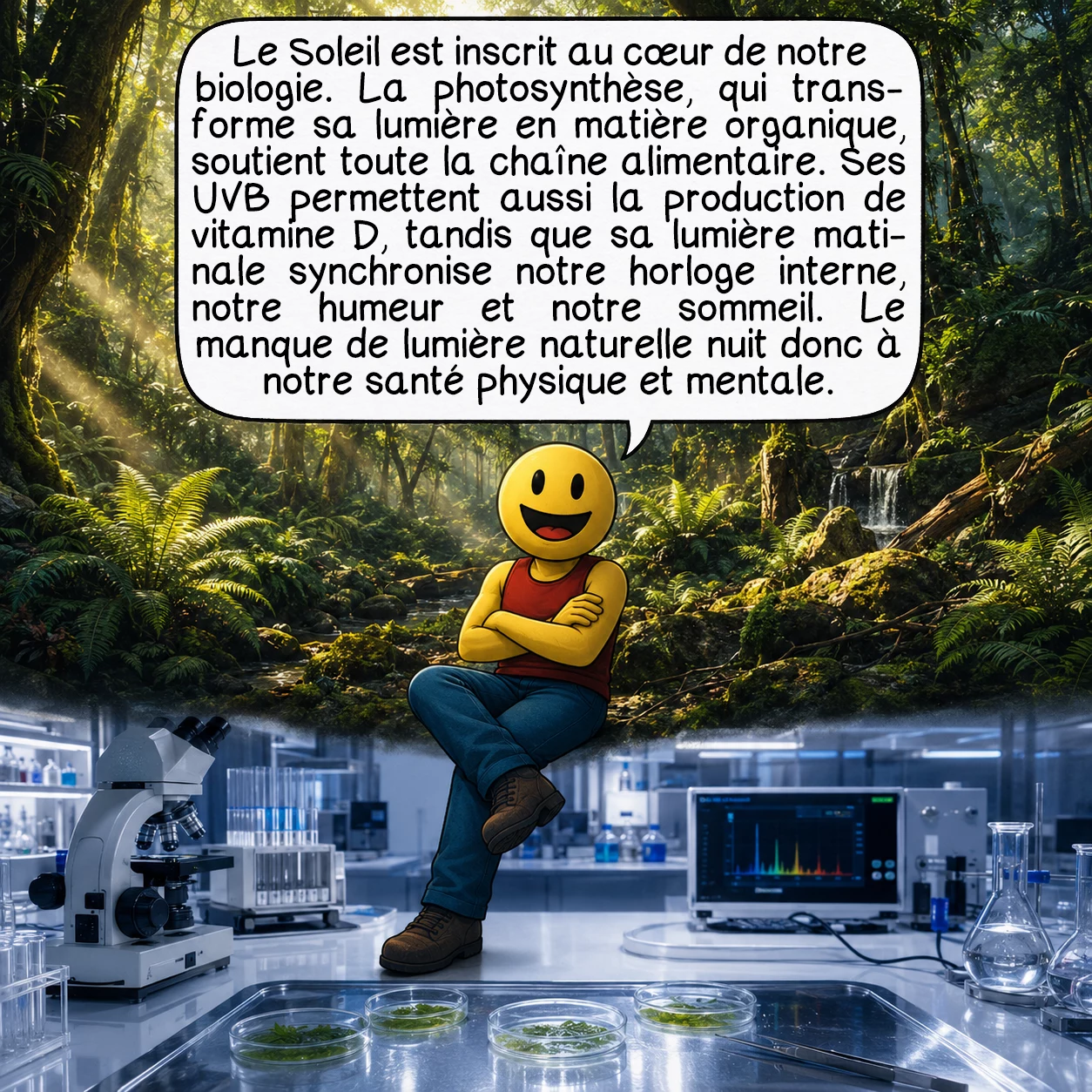 Le Soleil, case 9 : Le Soleil est inscrit dans notre biologie au niveau le plus profond. Toute la chaîne alimentaire terrestre repose sur la photosynthèse — la conversion de lumière solaire en matière organique. Nos peaux synthétisent la vitamine D grâce aux UVB, indispensable au calcium et à l’immunité. La lumière solaire matinale synchronise notre horloge biologique interne : elle déclenche la cascade de sérotonine, dopamine et mélatonine qui régule notre humeur, notre sommeil et nos fonctions hormonales. Couper les humains de la lumière naturelle altère profondément leur santé physique et mentale.