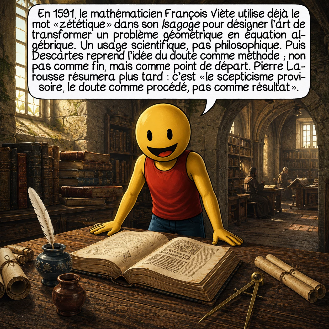 La zététique, case 2 : En 1591, le mathématicien François Viète utilise déjà le mot « zététique » dans son Isagoge — pour désigner l’art de transformer un problème géométrique en équation algébrique. Un usage scientifique, pas philosophique. Puis Descartes reprend l’idée du doute comme méthode — non pas comme fin, mais comme point de départ. Pierre Larousse résumera plus tard : c’est « le scepticisme provisoire, le doute comme procédé, pas comme résultat ».