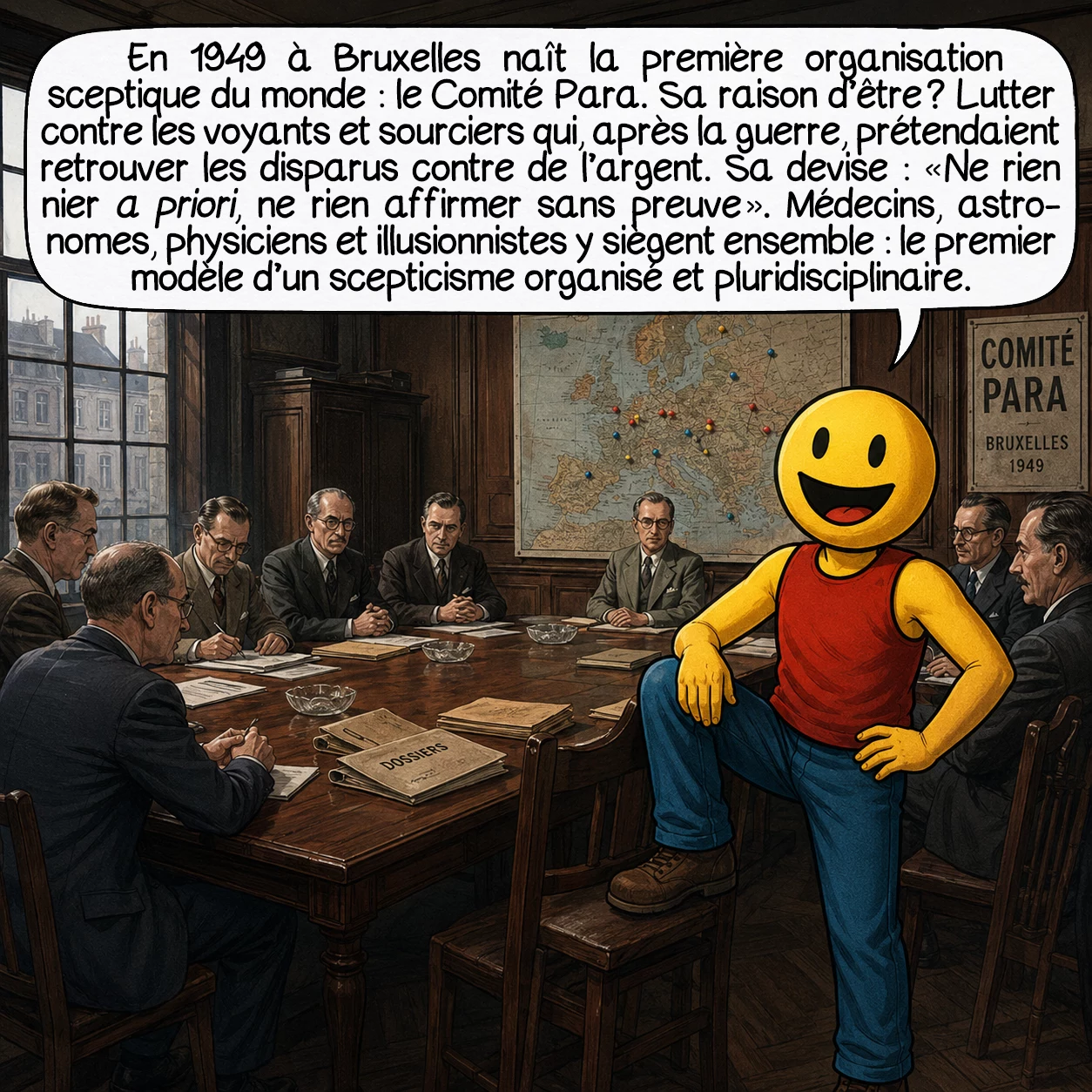 La zététique, case 3 : En 1949 à Bruxelles naît la première organisation sceptique du monde : le Comité Para. Sa raison d’être ? Lutter contre les voyants et sourciers qui, après la guerre, prétendaient retrouver les disparus contre de l’argent. Sa devise : « Ne rien nier a priori, ne rien affirmer sans preuve. » Médecins, astronomes, physiciens et illusionnistes y siègent ensemble — le premier modèle d’un scepticisme organisé et pluridisciplinaire.