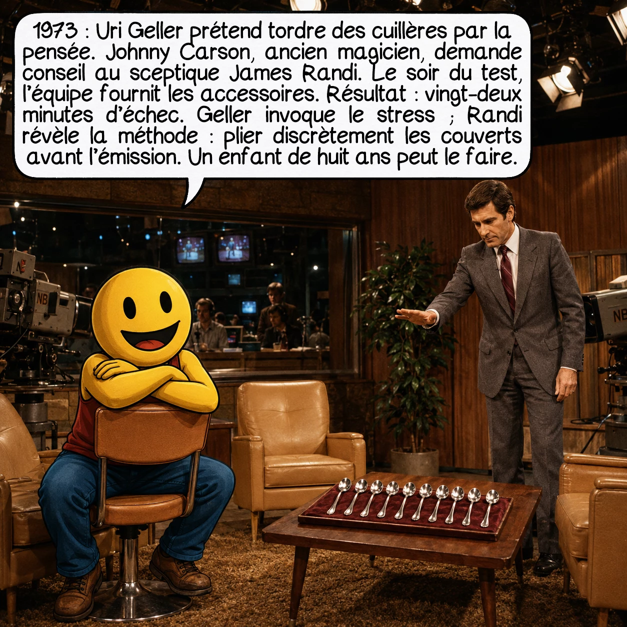 La zététique, case 4 : 1973 : Uri Geller prétend tordre des cuillères par la pensée. L’animateur Johnny Carson — ex-magicien — demande conseil à l’illusionniste sceptique James Randi. Le soir du test, les accessoires sont fournis par l’équipe, et non par Geller. Résultat : vingt-deux minutes d’échec complet. Geller explique le stress. Randi, lui, explique la technique : plier discrètement les couverts avant de passer à l’antenne. Un enfant de huit ans peut le faire.