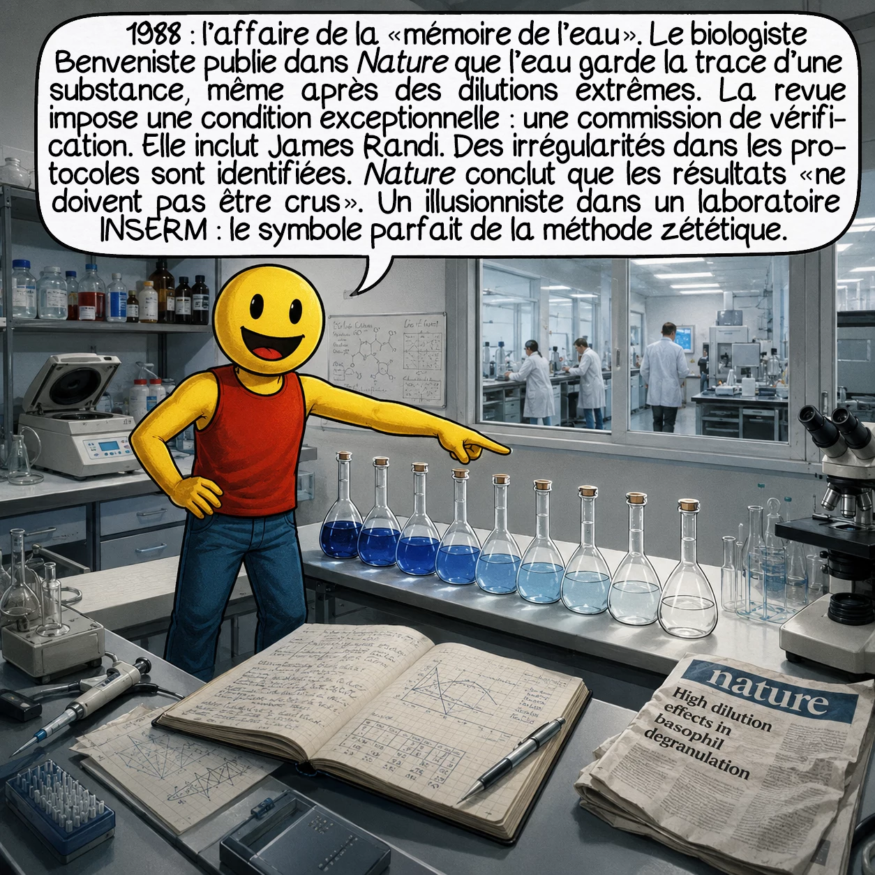 La zététique, case 5 : 1988 : l’affaire de la « mémoire de l’eau ». Le biologiste Benveniste publie dans Nature que l’eau garde la trace d’une substance après des dilutions extrêmes — ce qui fonderait l’homéopathie. La revue impose une condition exceptionnelle : une commission de vérification. Elle inclut James Randi. Des irrégularités dans les protocoles sont identifiées. Nature conclut que les résultats « ne doivent pas être crus ». Un illusionniste dans un laboratoire INSERM : le symbole parfait de la méthode zététique.