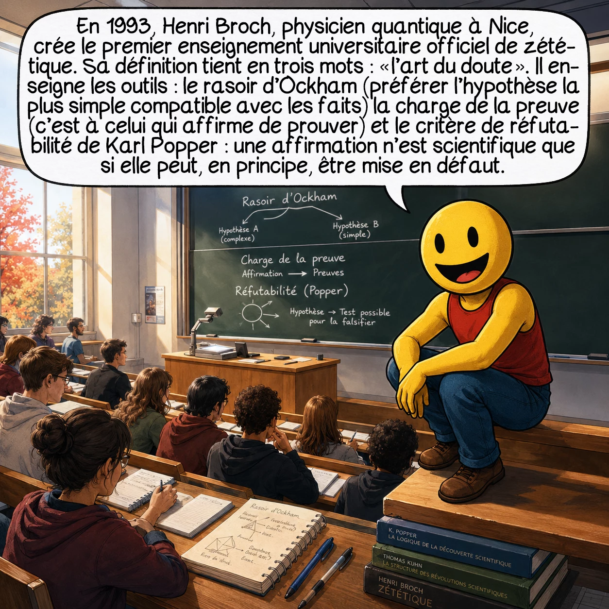La zététique, case 6 : En 1993, Henri Broch, physicien quantique à Nice, crée le premier enseignement universitaire officiel de zététique. Sa définition tient en trois mots : « l’art du doute ». Il enseigne les outils : le rasoir d’Ockham — préférer l’hypothèse la plus simple compatible avec les faits — la charge de la preuve — c’est à celui qui affirme de prouver — et le critère de réfutabilité de Karl Popper : une affirmation n’est scientifique que si elle peut, en principe, être mise en défaut.