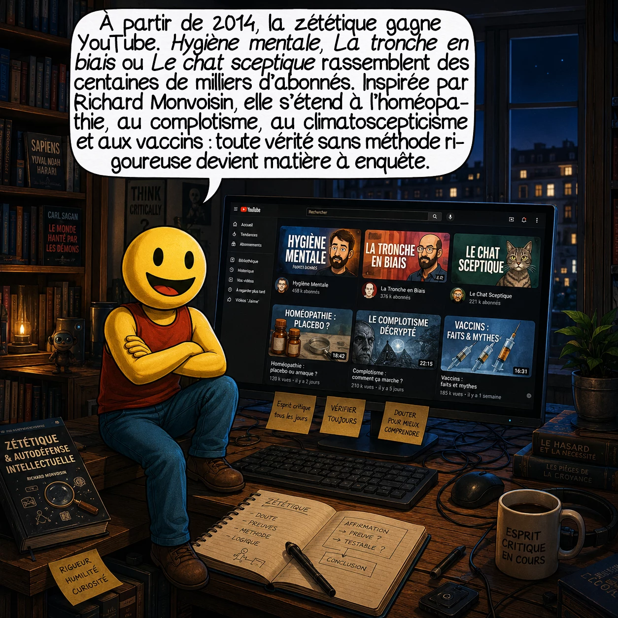 La zététique, case 7 : À partir de 2014, la zététique quitte les amphithéâtres pour YouTube. Des chaînes comme Hygiène mentale, La Tronche en Biais ou Le Chat sceptique accumulent des centaines de milliers d’abonnés. La thèse de Richard Monvoisin — « Zététique et autodéfense intellectuelle » — inspire toute une génération. La zététique élargit alors son champ : homéopathie, complotisme, climatoscepticisme, vaccins — tout ce qui prétend à la vérité sans protocole rigoureux devient un terrain d’investigation.