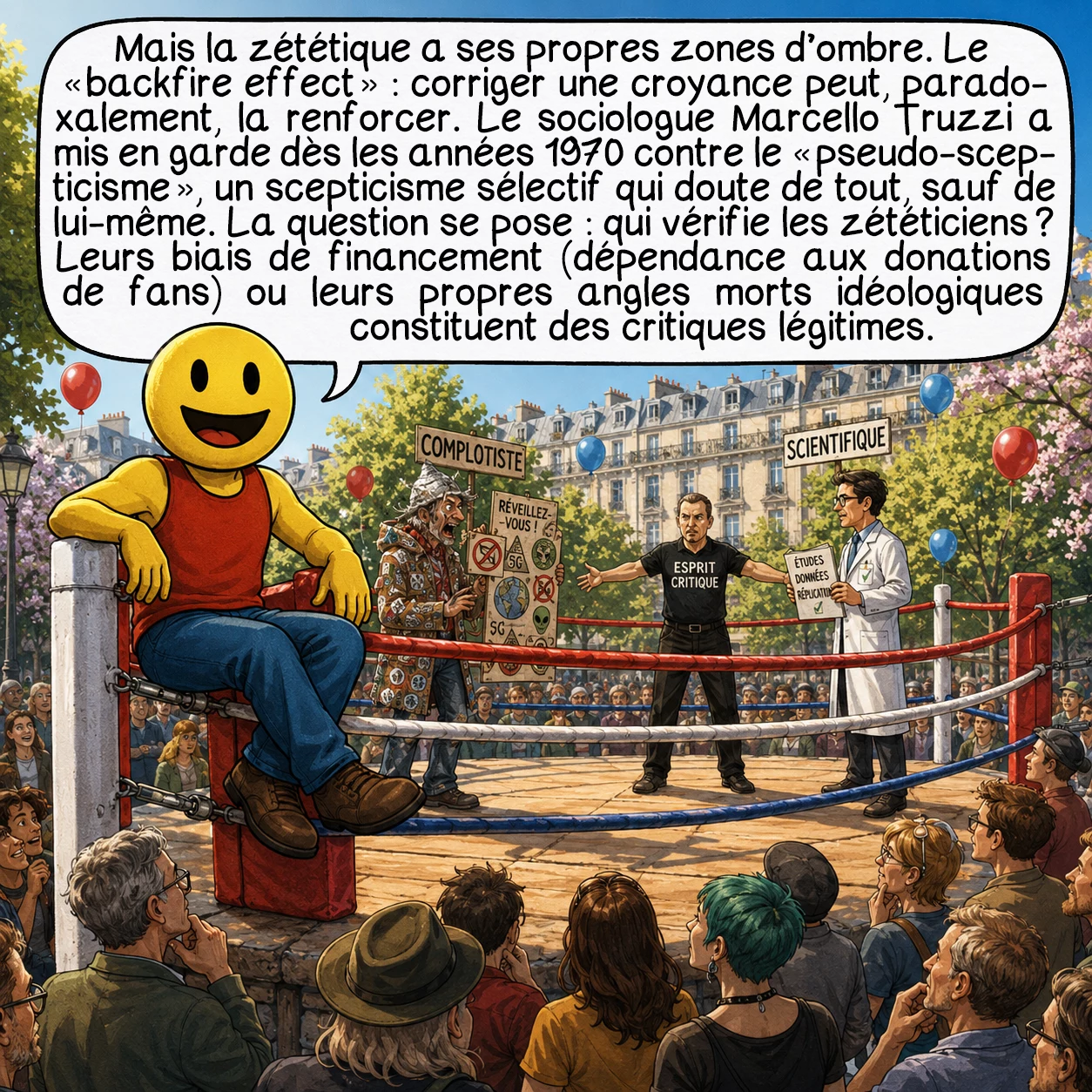 La zététique, case 8 : Mais la zététique a ses propres zones d’ombre. Le « backfire effect » : corriger une croyance peut, paradoxalement, la renforcer. Le sociologue Marcello Truzzi a mis en garde dès les années 1970 contre le « pseudo-scepticisme » — un scepticisme sélectif qui doute de tout, sauf de lui-même. La question se pose : qui vérifie les zététiciens ? Leurs biais de financement — dépendance aux donations de fans — ou leurs propres angles morts idéologiques constituent des critiques légitimes.