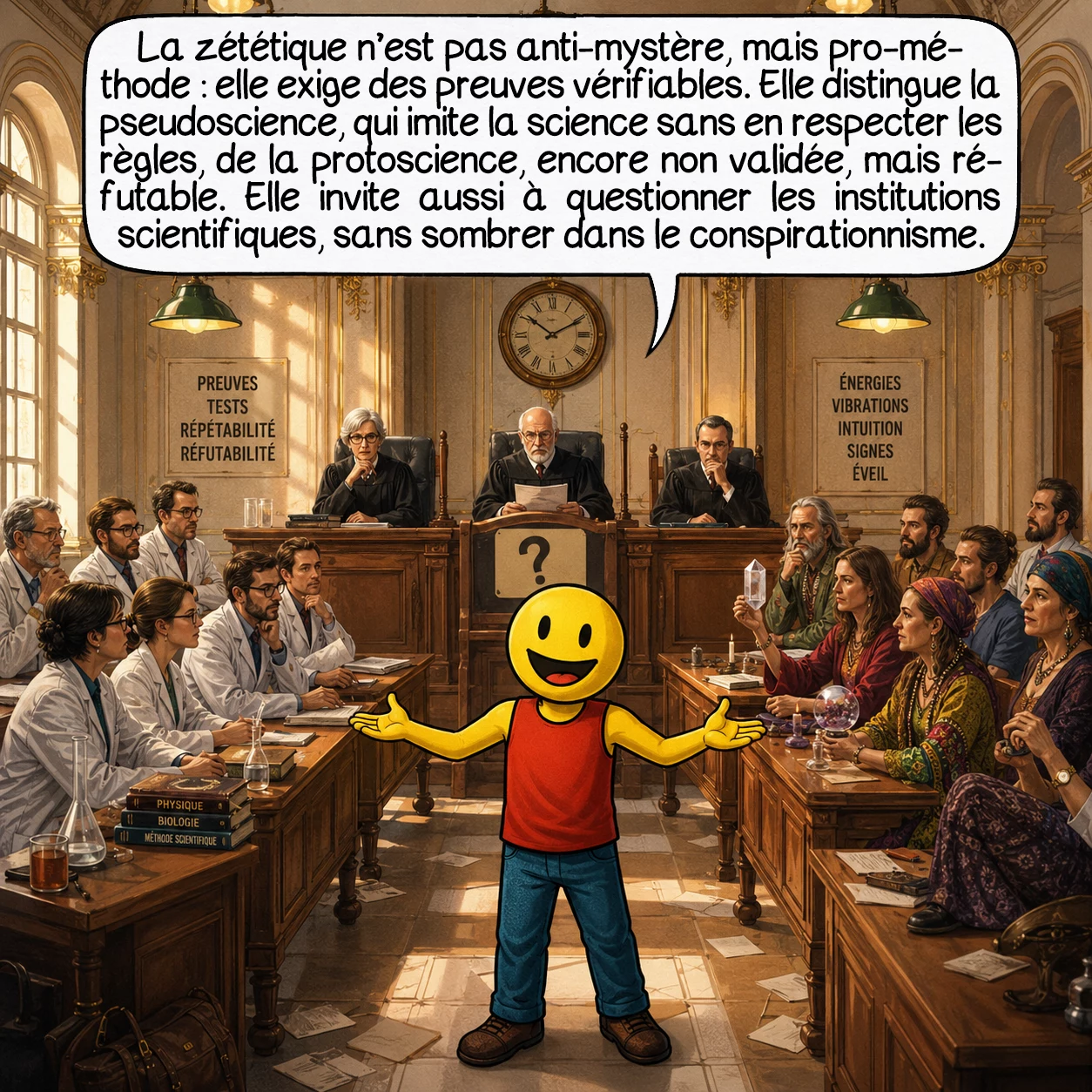 La zététique, case 9 : La zététique n’est pas anti-mystère : elle est prométhode. Elle ne dit pas « c’est faux », mais « montrez-moi les preuves vérifiables ». Elle distingue la pseudoscience — qui imite la forme de la science sans en respecter les protocoles — de la protoscience, hypothèse encore non validée, mais ouverte à la réfutation. La vraie zététique inclut aussi le doute sur les institutions scientifiques elles-mêmes : des fraudes ont existé dans la science légitime, et les rappeler n’est pas conspirationniste.