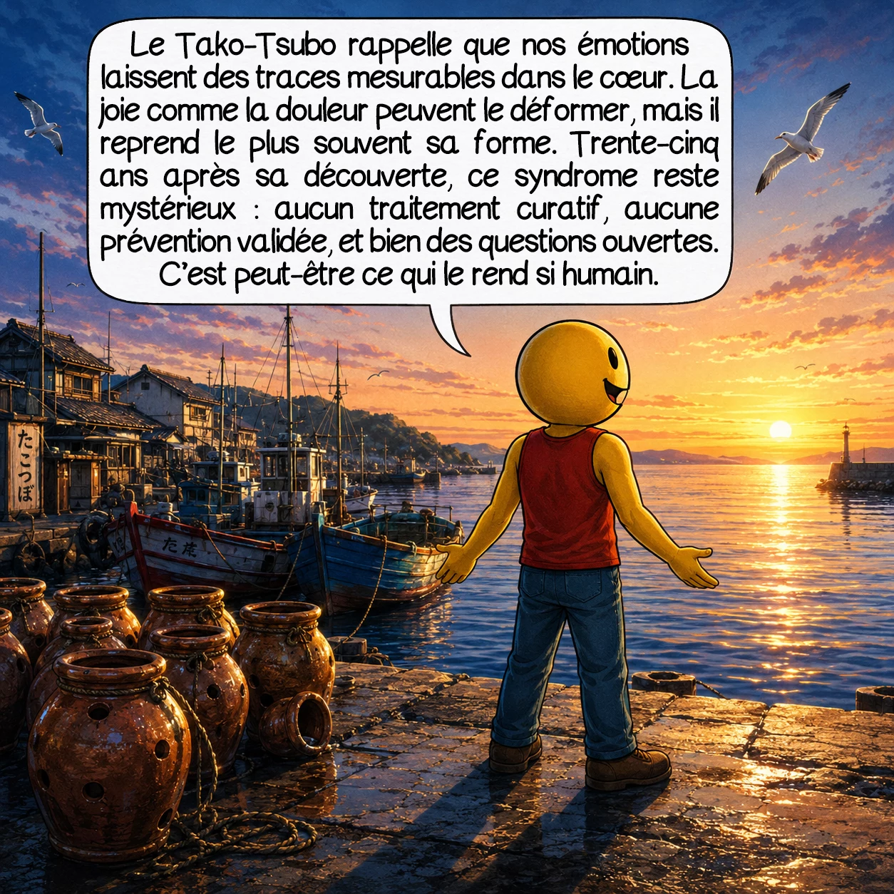 Le syndrome de tako-tsubo, case 10 : Le Tako-Tsubo nous dit quelque chose d’essentiel : nos émotions laissent des empreintes biologiques mesurables dans notre cœur. La joie comme la douleur peuvent le déformer. Et pourtant, dans l’immense majorité des cas, il reprend sa forme. Trente-cinq ans après sa découverte, ce syndrome reste en partie un mystère — sans traitement curatif, sans prévention validée, avec des questions fondamentales ouvertes. C’est peut-être ce qui le rend si humain.