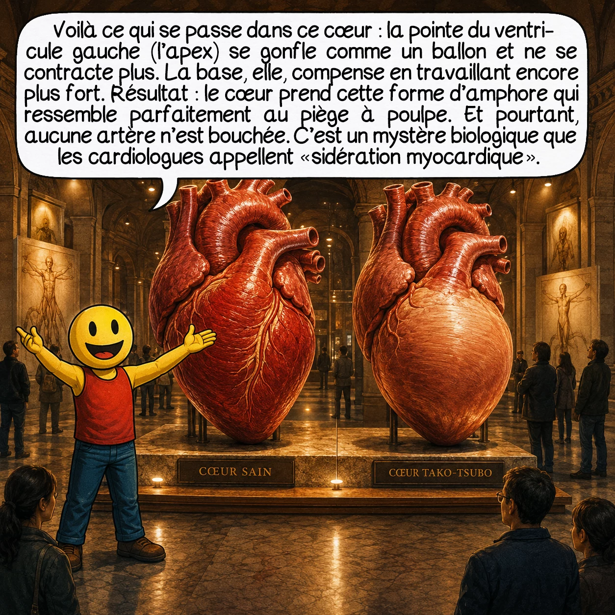 Le syndrome de tako-tsubo, case 3 : Voilà ce qui se passe dans ce cœur : la pointe du ventricule gauche — l’apex — se gonfle comme un ballon et ne se contracte plus. La base, elle, compense en travaillant encore plus fort. Résultat : le cœur prend cette forme d’amphore qui ressemble parfaitement au piège à poulpe. Et pourtant, aucune artère n’est bouchée. C’est un mystère biologique que les cardiologues appellent « sidération myocardique ».