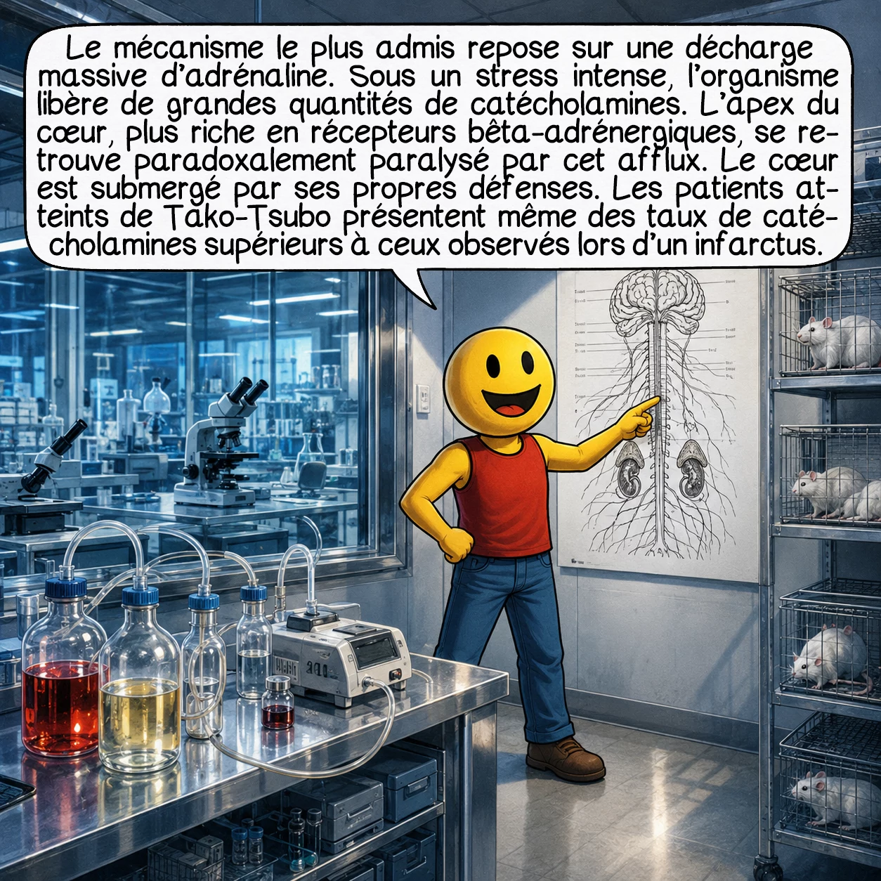 Le syndrome de tako-tsubo, case 4 : Le mécanisme le plus accepté aujourd’hui implique une avalanche d’adrénaline. Sous un stress intense — émotionnel ou physique — l’axe hypothalamo-hypophyso-surrénalien libère massivement des catécholamines. L’apex du cœur, qui concentre davantage de récepteurs bêta adrénergiques que sa base, est paradoxalement paralysé par ce flot d’hormones. Le cœur est littéralement submergé par ses propres défenses. Les études montrent que les patients Tako-Tsubo ont des taux de catécholamines encore plus élevés que les victimes d’un véritable infarctus.