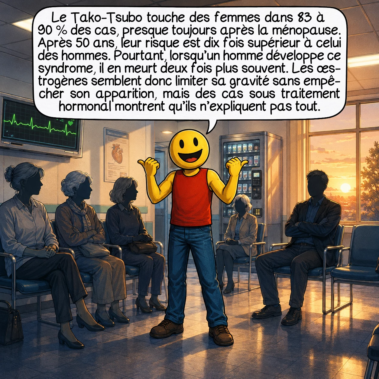 Le syndrome de tako-tsubo, case 5 : Le Tako-Tsubo frappe à 83 à 90 % des cas des femmes, et presque toujours après la ménopause. Les femmes de plus de 50 ans ont un risque dix fois supérieur à celui des hommes. Mais voilà le paradoxe : quand un homme développe le syndrome, il en meurt deux fois plus souvent que la femme. L’œstrogène semble protéger — pas contre la maladie elle-même, mais contre sa gravité. Et des cas ont été rapportés chez des femmes sous traitement hormonal, ce qui prouve qu’il n’explique pas tout.