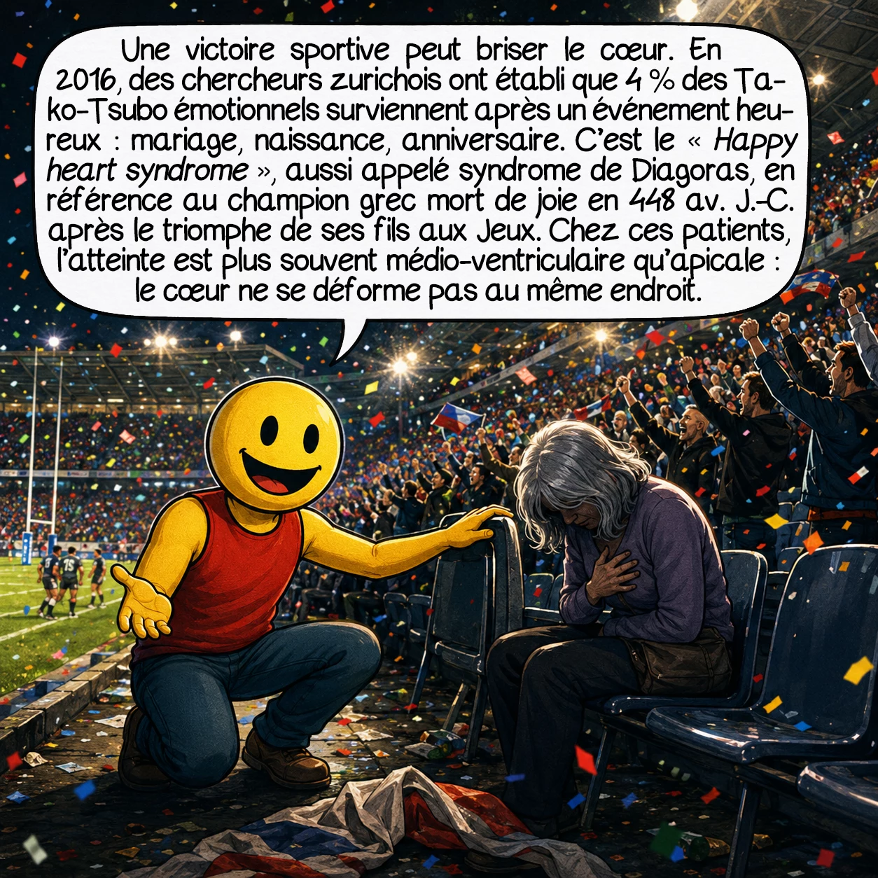 Le syndrome de tako-tsubo, case 6 : Oui, une victoire au rugby peut briser le cœur. En 2016, des chercheurs zurichois ont identifié que 4 % des Tako-Tsubo émotionnels surviennent après un événement heureux : un mariage, une naissance, une fête d’anniversaire. C’est le « Happy Heart Syndrome », aussi proposé sous le nom de syndrome de Diagoras — en référence à un champion olympique grec de l’Antiquité mort de joie en 448 avant J.-C. après avoir vu ses fils triompher aux Jeux. Les patients de ce sous-type présentent plus souvent une atteinte médio-ventriculaire qu’apicale : le cœur ne se déforme pas au même endroit.