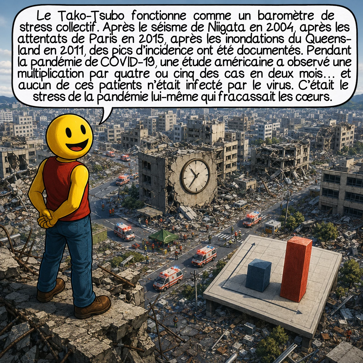 Le syndrome de tako-tsubo, case 7 : Le Tako-Tsubo fonctionne comme un baromètre de stress collectif. Après le séisme de Niigata en 2004, après les attentats de Paris en 2015, après les inondations du Queensland en 2011, des pics d’incidence ont été documentés. Pendant la pandémie de COVID-19, une étude américaine a observé une multiplication par quatre ou cinq des cas en deux mois — et aucun de ces patients n’était infecté par le virus. C’était le stress de la pandémie lui-même qui fracassait les cœurs.