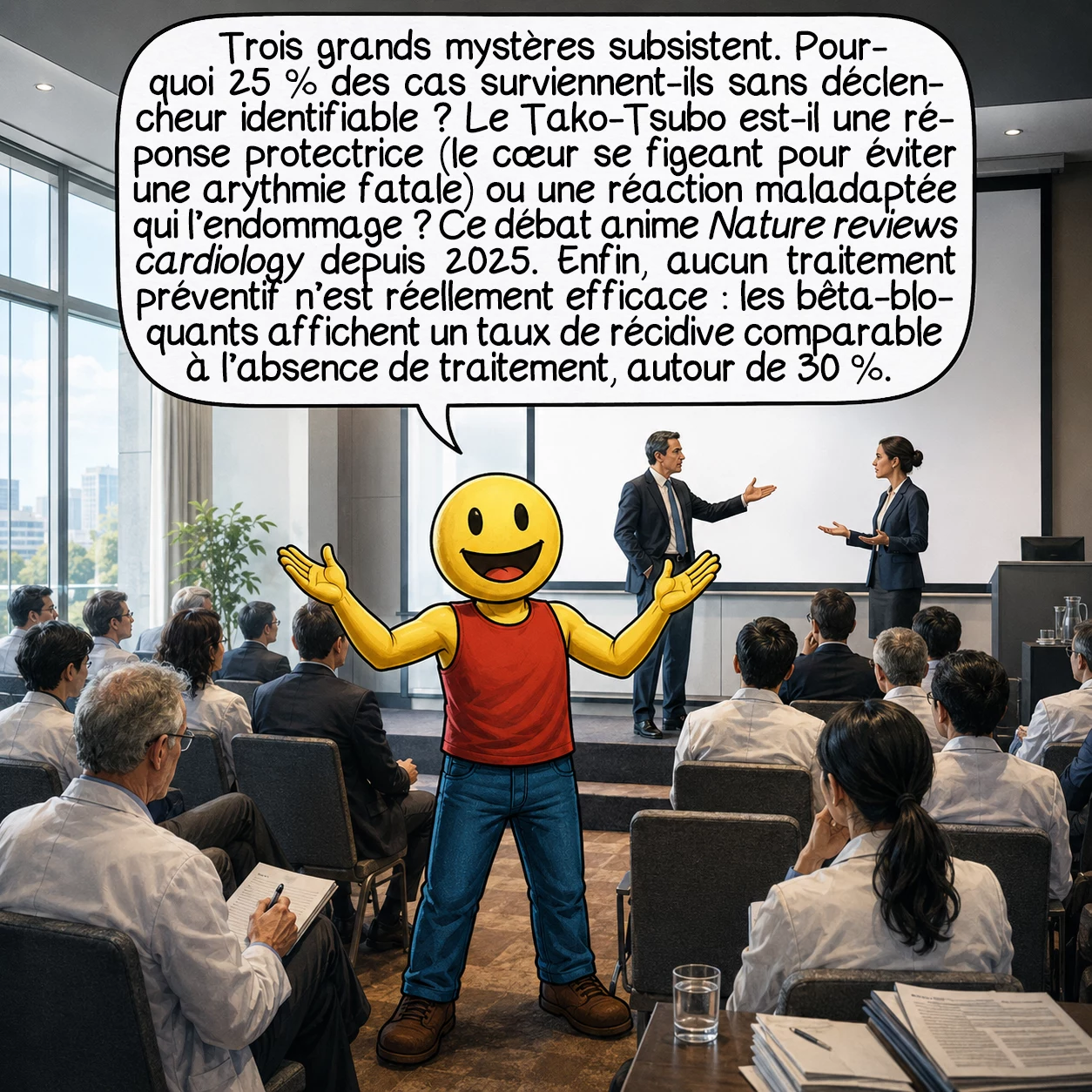 Le syndrome de tako-tsubo, case 8 : Trois grands mystères résistent. Premier : pourquoi 25 % des cas surviennent sans aucun déclencheur identifiable ? Deuxième : le Tako-Tsubo est-il une réponse de protection — le cœur qui se fige pour éviter une arythmie fatale — ou une réponse maladaptée qui le blesse ? Ce débat agite Nature Reviews Cardiology depuis 2025. Troisième : aucun traitement préventif ne fonctionne vraiment. Les bêta-bloquants logiquement prescrits affichent un taux de récidive identique aux non-traités — environ 30 %.