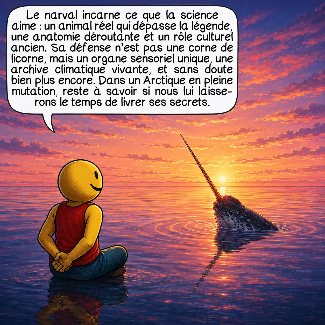 Le narval, case 10 : Le narval résume à lui seul ce que la science aime : un animal réel qui dépasse la légende, une anatomie qui inverse les règles, un rôle culturel qui traverse les siècles. Sa défense n’est pas une corne de licorne — c’est un organe sensoriel sans équivalent, une archive climatique vivante, et peut-être plusieurs choses à la fois que nous ne comprenons pas encore. Dans un Arctique qui se transforme à une vitesse sans précédent, il nous reste à décider si nous lui laissons le temps de nous livrer ses derniers secrets.