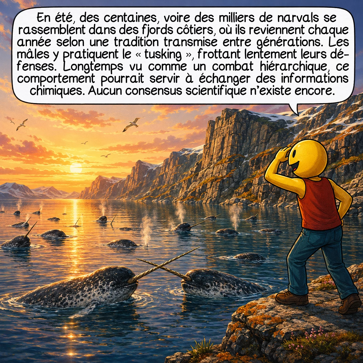 Le narval, case 5 : En été, des centaines à des milliers de narvals se rassemblent dans les fjords côtiers, auxquels ils retournent avec une fidélité remarquable d’année en année — transmise culturellement entre générations. Les mâles pratiquent le « tusking » : ils frottent lentement leurs défenses l’une contre l’autre. Longtemps interprété comme un combat hiérarchique, ce comportement serait peut-être un échange d’informations chimiques — chaque mâle « lisant » via les microcanaux de sa défense la chimie de l’eau autour de la défense de l’autre. Aucun consensus scientifique n’existe encore.