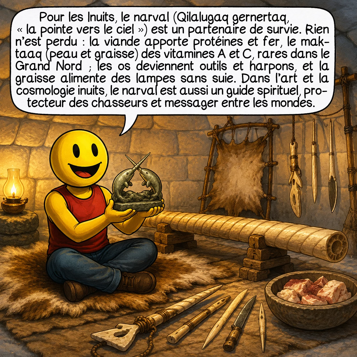 Le narval, case 6 : Pour les peuples Inuits, le narval — Qilalugaq gernertaq, « la pointe vers le ciel » — n’est pas un mystère, mais un partenaire de survie. Rien n’est perdu lors d’une chasse : la viande apporte protéines et fer, le maktaaq (peau et graisse) est riche en vitamines A et C — rares dans le Grand Nord —, les os deviennent outils et harpons, la graisse alimente des lampes produisant une flamme sans suie, supérieure à l’huile de phoque. Dans l’art et la cosmologie inuits, le narval est un guide spirituel chamanique, protecteur des chasseurs, messager entre les mondes.