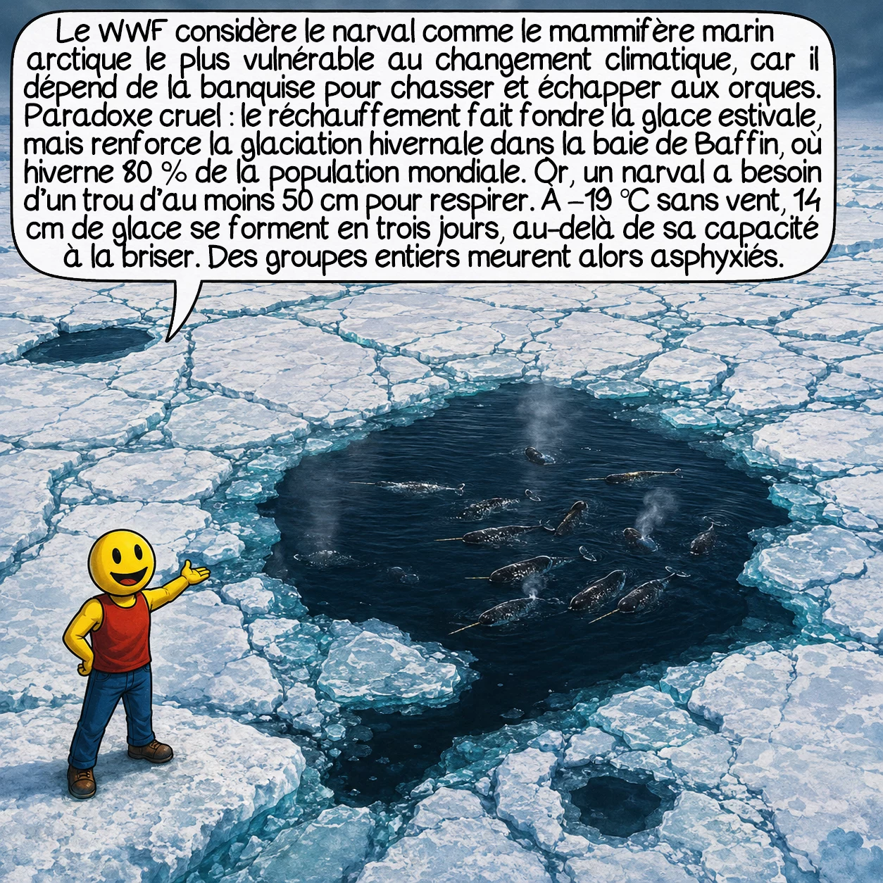 Le narval, case 8 : Le narval est identifié par le WWF comme le mammifère marin arctique le plus vulnérable au changement climatique — car il dépend totalement de la banquise pour chasser et se protéger des orques. Paradoxe cruel : le réchauffement global fait fondre la glace estivale (exposant le narval aux prédateurs), mais intensifie la glaciation hivernale dans la baie de Baffin, où 80 % de la population mondiale hiverne. Un narval a besoin d’un trou de 50 cm minimum pour respirer ; à -19 °C sans vent, 14 cm de glace nouvelle se forment en trois jours — au-delà de leur capacité de rupture. Des groupes entiers meurent asphyxiés.
