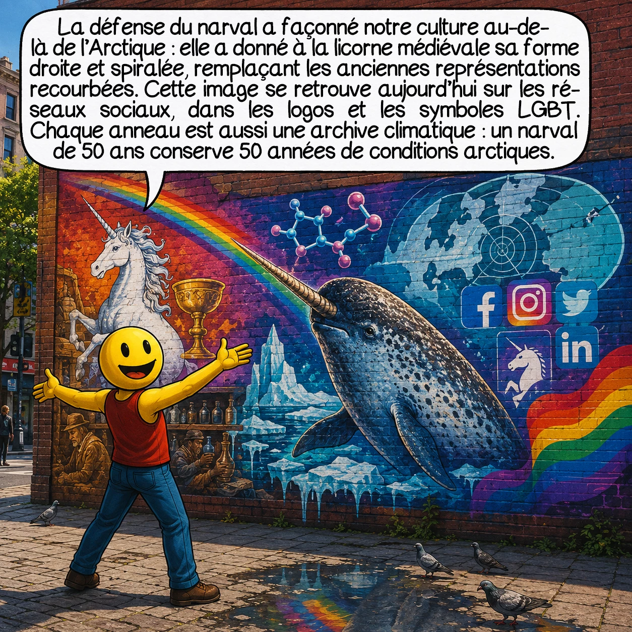 Le narval, case 9 : La défense du narval a façonné sans le savoir notre culture bien au-delà des mers arctiques : c’est elle qui a donné à la licorne médiévale sa forme iconique — droite et spiralée — remplaçant les représentations recourbées antérieures. Cette même image traverse aujourd’hui les réseaux sociaux, les logos de startups et les symboles de la communauté LGBT mondiale. Par ailleurs, chaque anneau de croissance de la défense est une archive climatique : un narval de 50 ans porte dans sa dent une chronique détaillée de 50 ans de conditions arctiques — une base de données biologique inaccessible autrement.