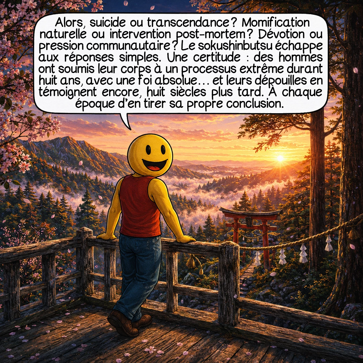 Le sokushinbutsu, case 10 : Alors, suicide ou transcendance ? Momification naturelle ou intervention post-mortem ? Dévotion altruiste ou pression communautaire insidieuse ? Le sokushinbutsu résiste aux réponses simples. Ce qu’on sait avec certitude : des hommes ont effectivement soumis leur corps à un processus extrême sur huit ans, pour une communauté, avec une foi absolue — et leurs corps sont là, huit siècles plus tard, pour le prouver. Ce que cela signifie, c’est à chaque époque de le décider.
