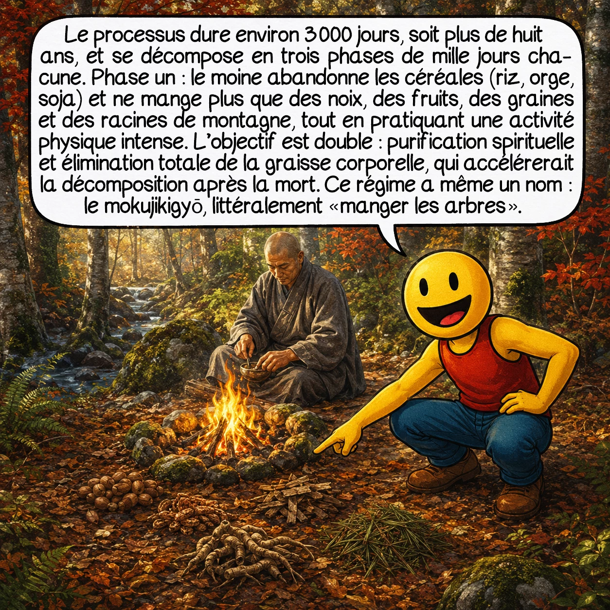 Le sokushinbutsu, case 3 : Le processus dure environ 3 000 jours — soit plus de huit ans — et se décompose en trois phases de mille jours chacune. Phase un : le moine abandonne les céréales (riz, orge, soja) et ne mange plus que des noix, des fruits, des graines et des racines de montagne, tout en pratiquant une activité physique intense. L’objectif est double — purification spirituelle et élimination totale de la graisse corporelle, qui accélérerait la décomposition après la mort. Ce régime a même un nom : le mokujikigyō, littéralement « manger les arbres ».