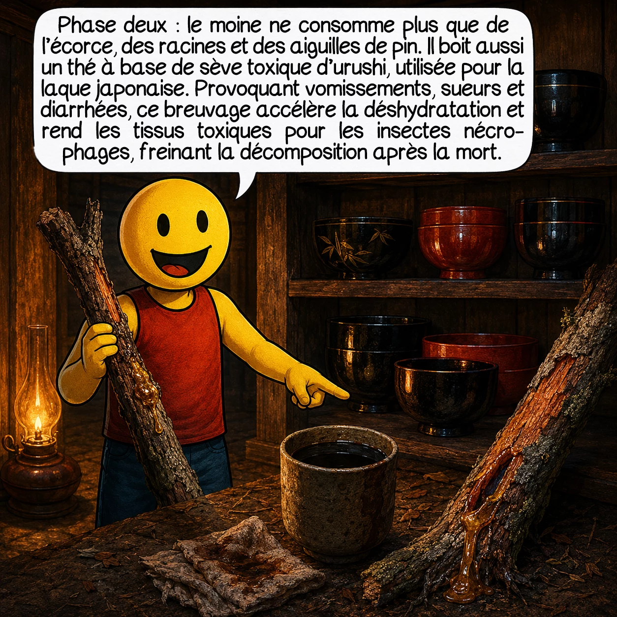 Le sokushinbutsu, case 4 : Phase deux : le moine n’absorbe plus que de l’écorce, des racines et des aiguilles de pin. Surtout, il commence à boire un thé préparé à partir de la sève de l’arbre urushi — la même sève utilisée pour fabriquer la laque japonaise, et qui contient le même composé toxique que le sumac vénéneux. Ce liquide provoque vomissements intenses, sueurs et diarrhées, accélérant la déshydratation. Mais son effet le plus décisif est de rendre les tissus du corps toxiques pour les larves et insectes nécrophages — empêchant ainsi la décomposition post-mortem.