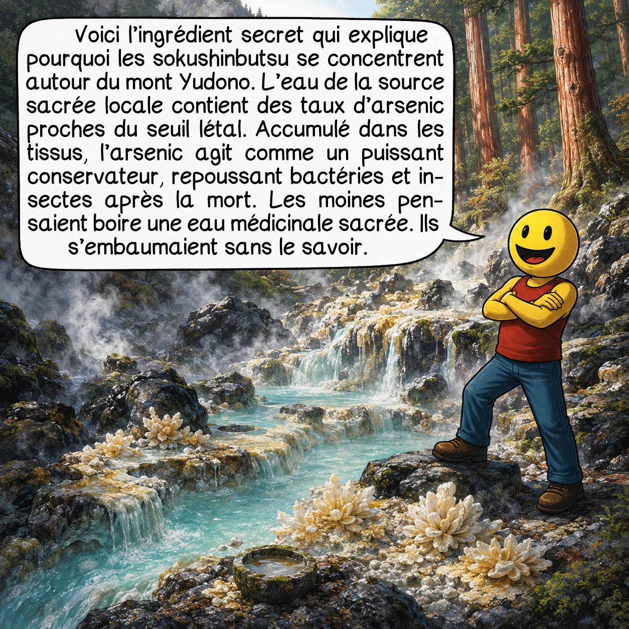 Le sokushinbutsu, case 6 : Voici l’ingrédient secret que personne n’avait prévu — et qui explique en grande partie pourquoi les sokushinbutsu se concentrent tous autour du mont Yudono. L’eau de la source sacrée locale contient des taux d’arsenic proches du niveau létal, mesurés par le Comité d’investigation des momies japonaises. L’arsenic, accumulé pendant des années dans les tissus, est un puissant agent conservateur — les taxidermistes l’ont longtemps utilisé — et il reste dans le corps après la mort, dissuadant bactéries et insectes. Les moines croyaient boire une eau médicinale sacrée. Ils s’embaumaient sans le savoir.