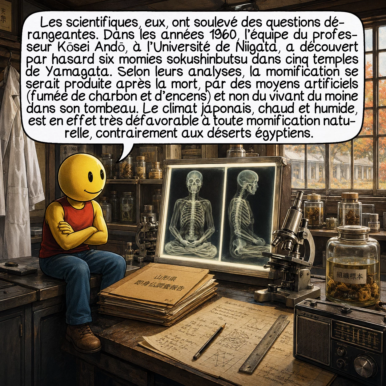 Le sokushinbutsu, case 7 : Les scientifiques, eux, ont posé des questions dérangeantes. Dans les années 1960, l’équipe du professeur Kōsei Andō (Université de Niigata) a découvert par hasard six momies sokushinbutsu dans cinq temples de Yamagata. Leurs analyses ont conclu que la momification s’était probablement produite après la mort, par des moyens artificiels — exposition à la fumée de charbon et d’encens — et non pendant la vie du moine dans son tombeau. La raison : le climat japonais, chaud et humide, est radicalement hostile à toute momification naturelle, contrairement aux déserts égyptiens.