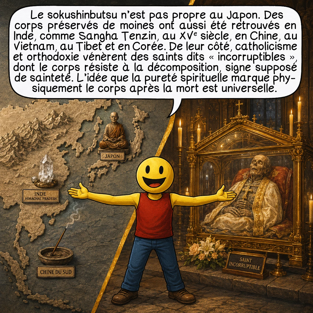 Le sokushinbutsu, case 8 : Le sokushinbutsu n’est pas un phénomène purement japonais. Des corps préservés de moines ont été retrouvés en Inde (Sangha Tenzin, XVe siècle, village de Gue, Himachal Pradesh), en Chine, au Vietnam, au Tibet, en Corée. Et dans l’autre bout du monde religieux, le catholicisme et l’orthodoxie vénèrent leurs propres corps « incorruptibles » — saints dont le cadavre résiste à la décomposition, perçu comme signe de sainteté divine. L’idée que la pureté spirituelle laisse une trace physique sur le corps mort est, elle, universelle.