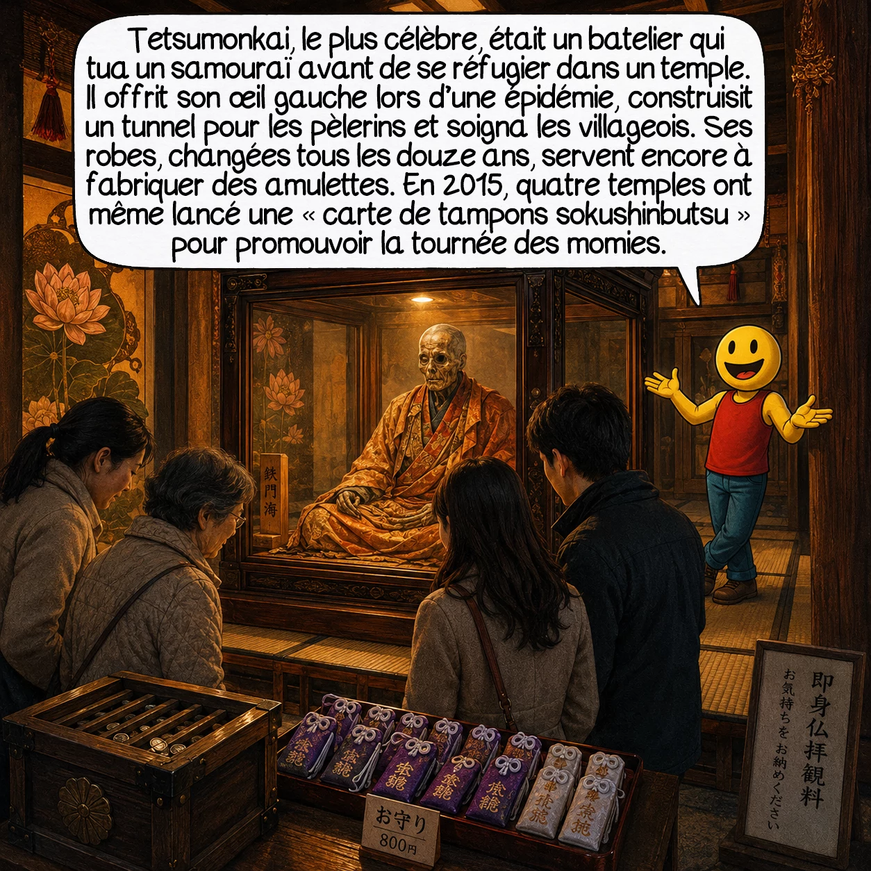 Le sokushinbutsu, case 9 : Tetsumonkai — le plus célèbre — était un batelier qui tua un samouraï et se réfugia au temple pour expier. Il arracha son propre œil gauche en offrande lors d’une épidémie oculaire à Edo, construisit un tunnel routier pour les pèlerins et passa des années à soigner les villageois. Ses robes sont changées tous les douze ans. On peut encore acheter aujourd’hui une amulette contenant un fragment de son ancienne robe. En 2015, quatre temples ont lancé une « carte de tampons sokushinbutsu » pour encourager les visiteurs à faire la tournée des momies.