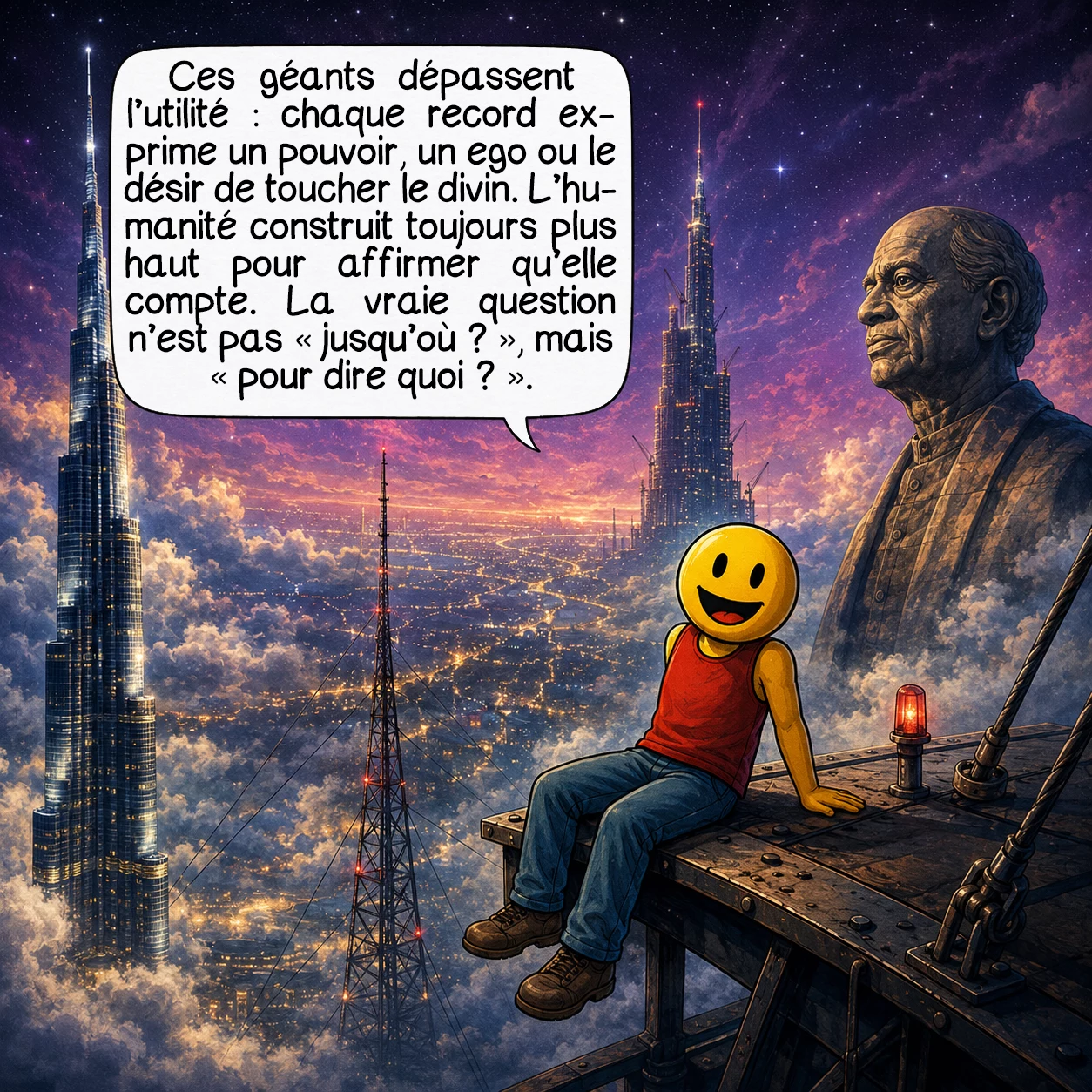 Les plus grandes structures au monde, case 10 : Ce que tous ces géants ont en commun, c’est de n’avoir jamais été construits uniquement pour être utiles : chaque record cache une déclaration politique, une course d’ego nationale, ou un désir de toucher le divin. De la tour de Babel aux gratte-ciel du Golfe, de la flèche d’Ulm aux Mass Games de Pyongyang, l’humanité n’a jamais cessé de construire vers le haut — pour montrer qu’elle est là, qu’elle existe, qu’elle compte. La vraie question n’est pas « jusqu’où peut-on aller ? », mais « pour dire quoi ? »