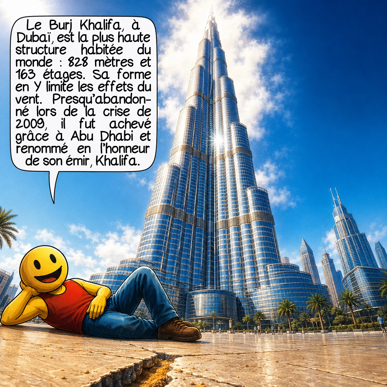 Les plus grandes structures au monde, case 2 : Le Burj Khalifa de Dubaï est la plus haute structure habitée du monde : 828 mètres, 163 étages, inauguré en 2010. Sa forme en Y s’inspire du lys araignée, une fleur du désert local — pas pour l’esthétique, mais parce que cette géométrie casse les tourbillons de vent à haute altitude. Curiosité : le bâtiment a failli ne jamais être achevé — Dubaï était en quasi-faillite en 2009 et c’est Abu Dhabi qui l’a renfloué. En échange, le nom de l’émir d’Abu Dhabi, Khalifa, a été gravé dans le béton pour l’éternité.